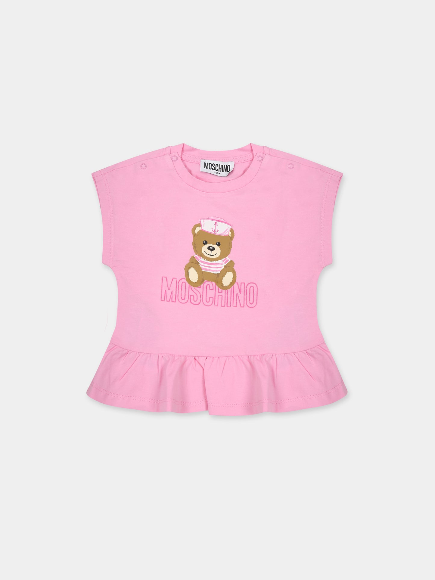 T-shirt rosa per neonata con Teddy Bear e logo,Moschino Kids,MDM037 LBA10 51473