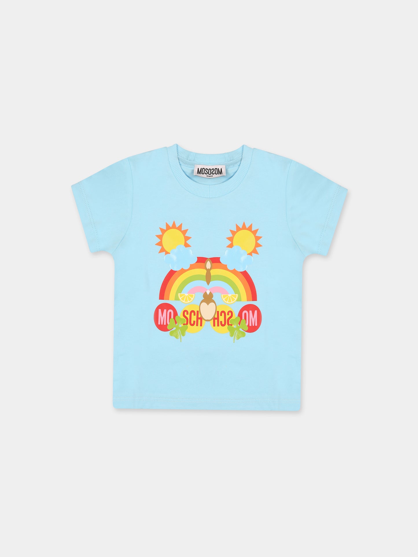 T-shirt celeste per neonati con Teddy Bear e stampa,Moschino Kids,MMM031 LBA08 41020