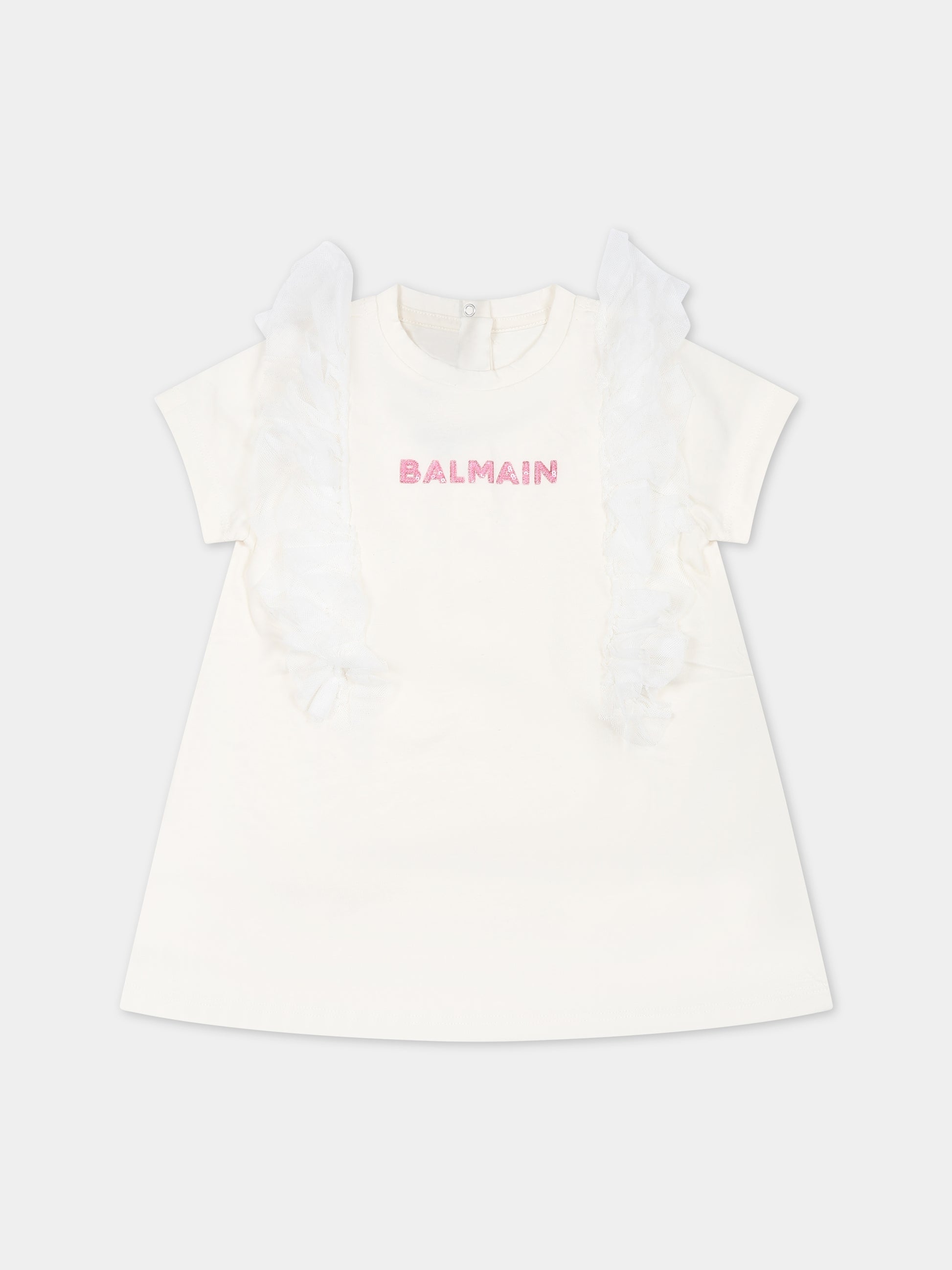 Vestito avorio per neonata con logo,Balmain Kids,BS1081 Z0082 102RS