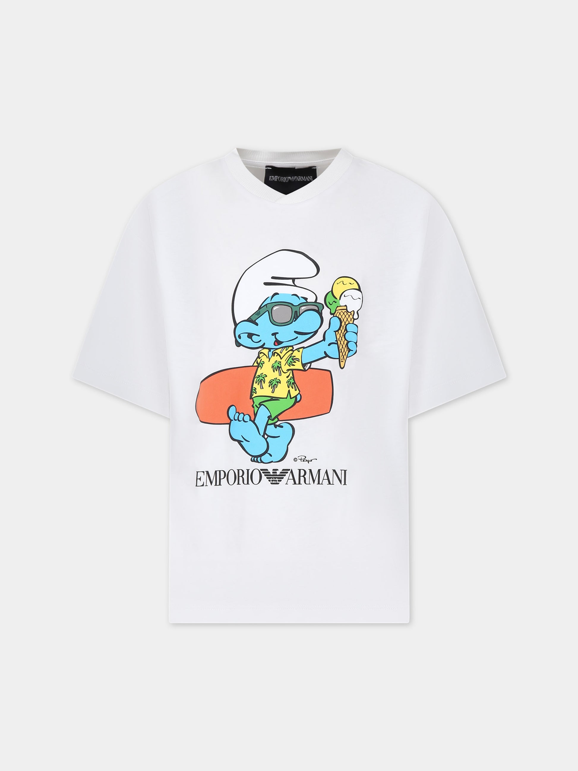 T-shirt bianca per bambino con stampa Puffo,Armani Junior,3D4TJN 3J52Z 0101