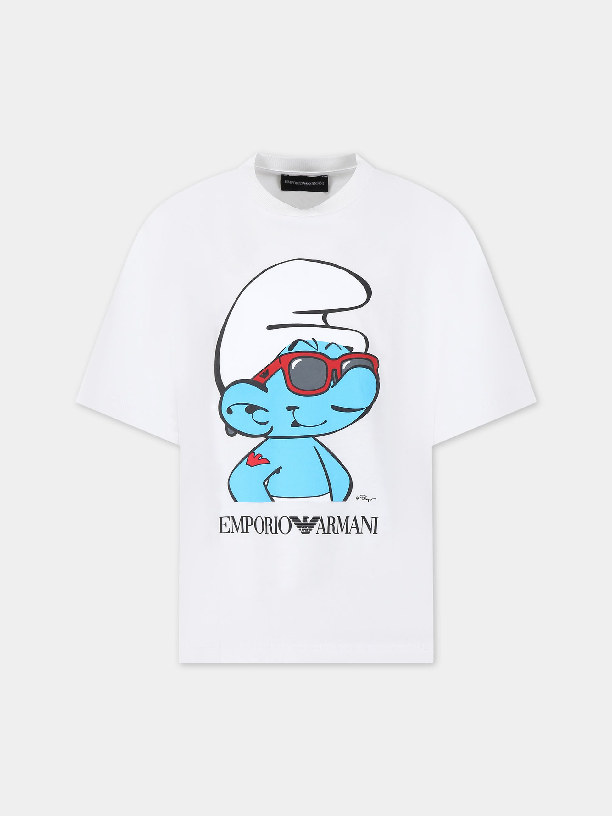 T-shirt bianca per bambino con stampa Puffo,Armani Junior,3D4TJN 3J52Z 0156