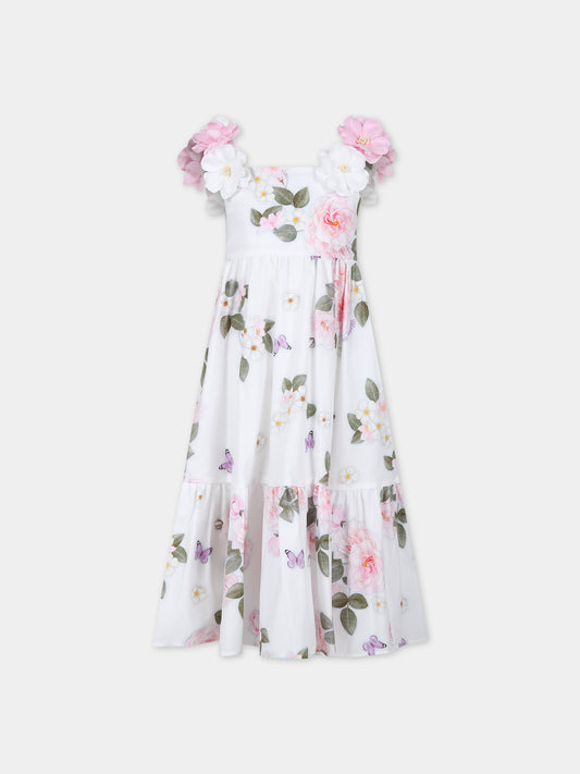 Vestito bianco per bambina con fiori,Monnalisa,11C923 3672 0099