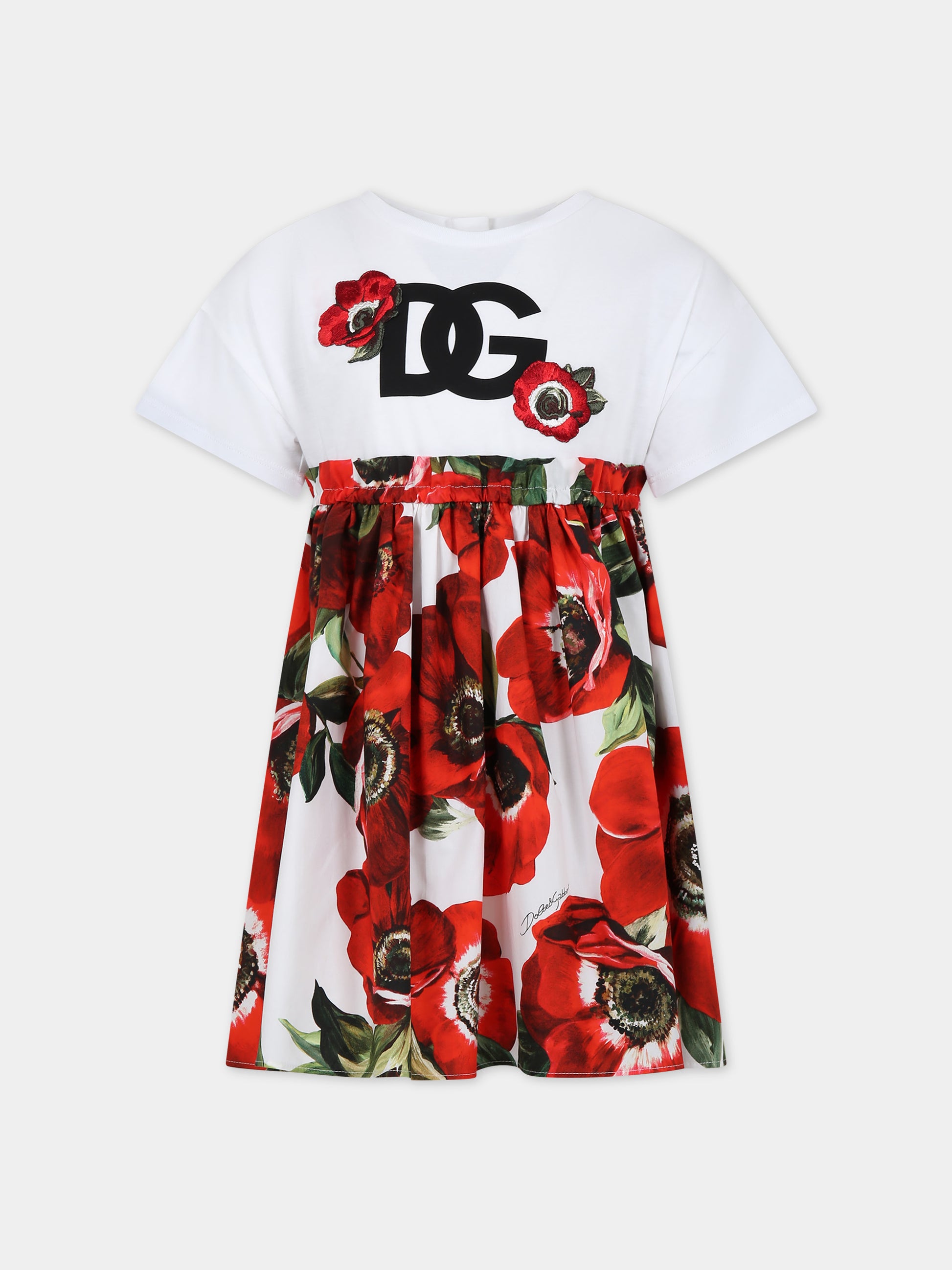 Vestito casual bianco per bambina con papaveri e logo,Dolce & Gabbana Kids,L5JD8A G7M2A S9000