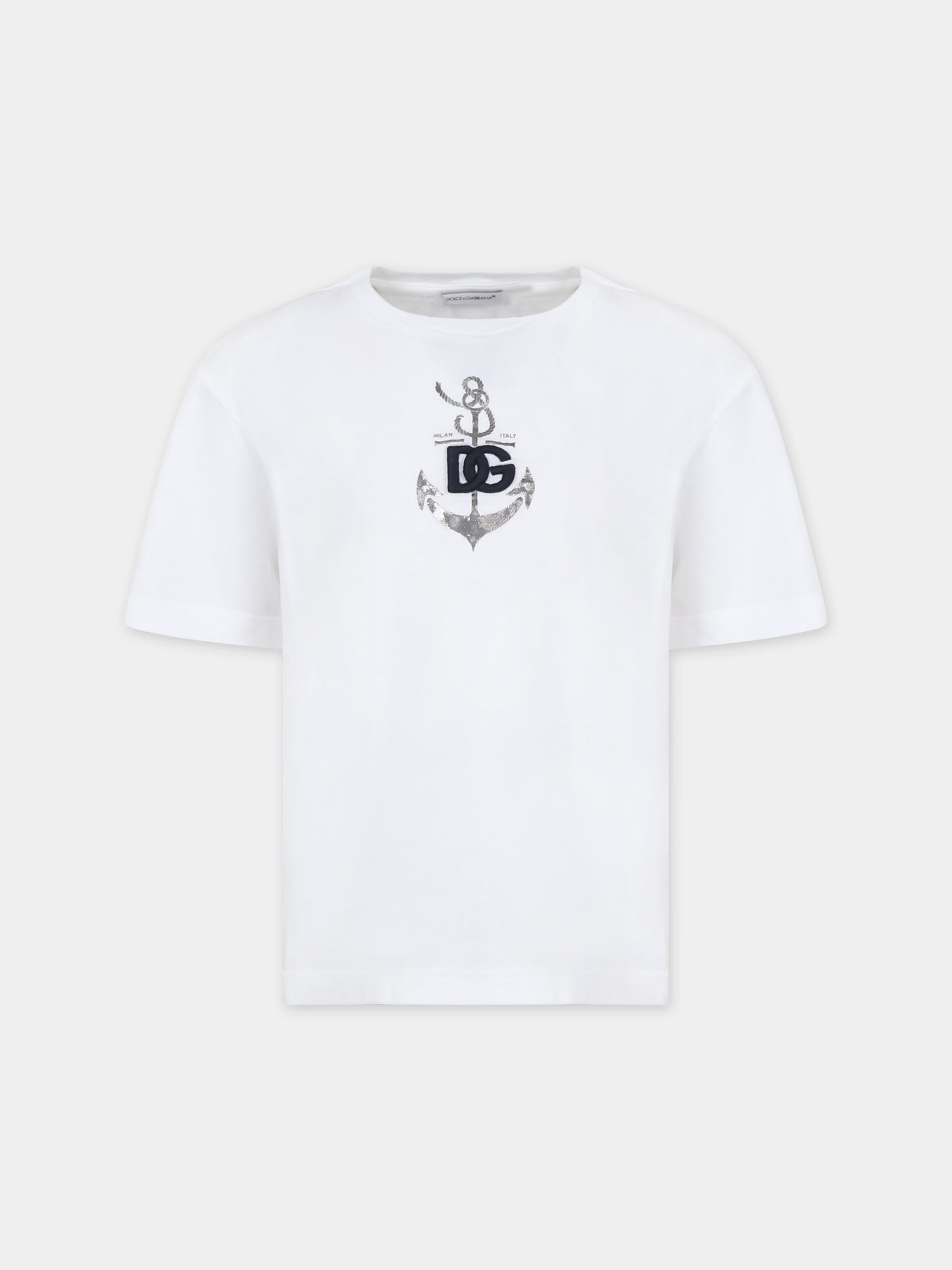 T-shirt bianca per bambino con iconico monogramma,Dolce & Gabbana Kids,L4JTEY G7L0A W0800