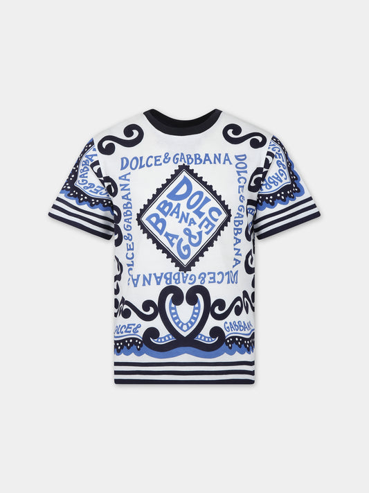T-shirt bianca per bambino con stampa bandana e logo,Dolce & Gabbana Kids,L4JTBL G7L0B HC4XR