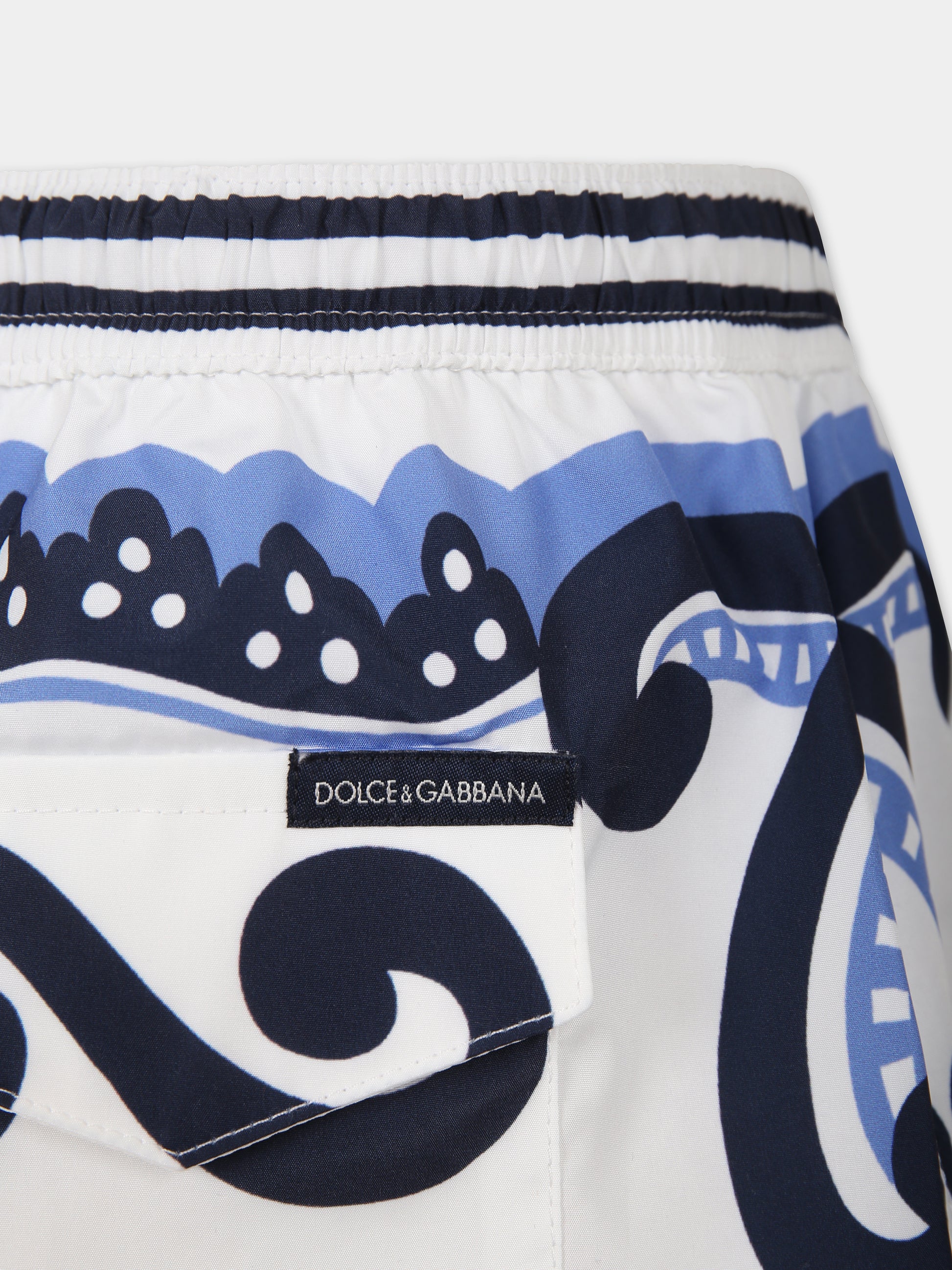 Boxer mare bianco per bambino con stampa bandana e logo,Dolce & Gabbana Kids,L4J845 G7L0N HC4XR