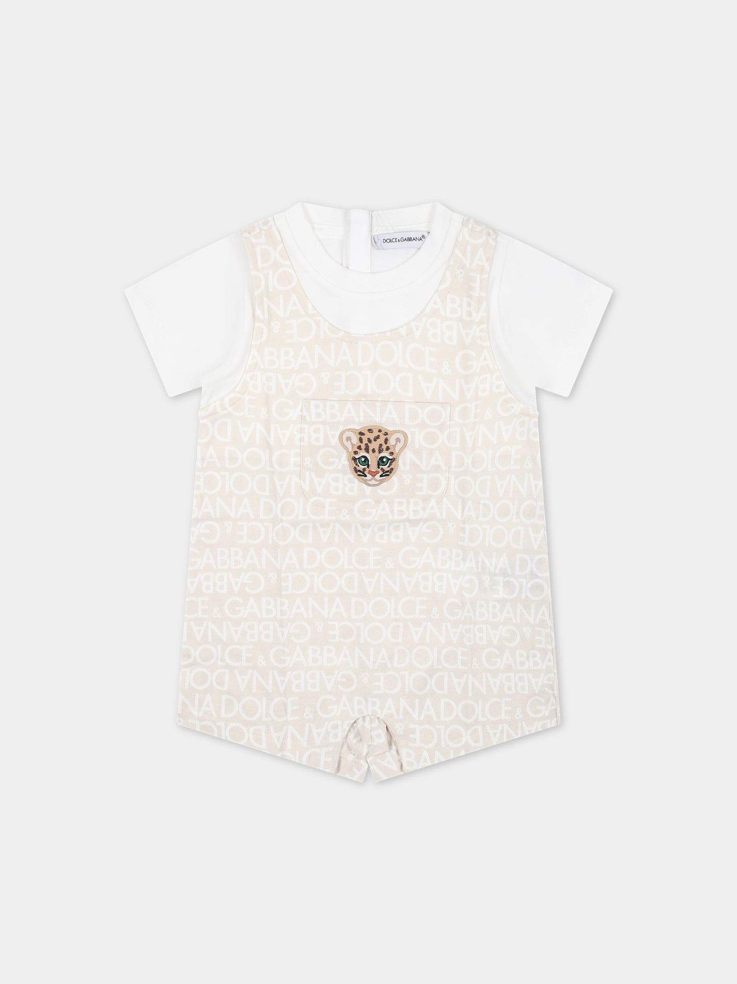 Pagliaccetto beige per neonati con tigre e logo all-over,Dolce & Gabbana Kids,L1JO6K G7L5G S9000