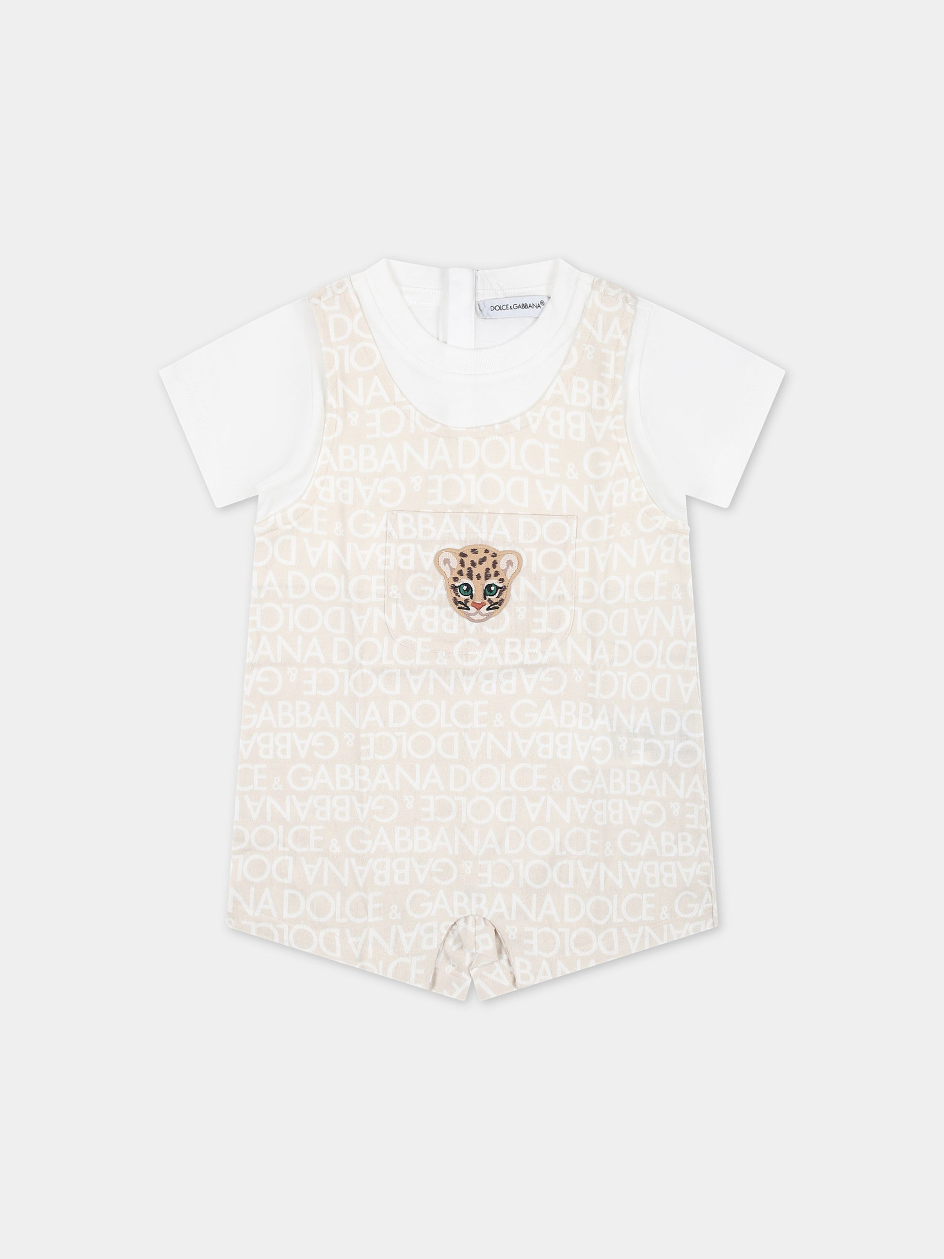 Pagliaccetto beige per neonati con tigre e logo all-over,Dolce & Gabbana Kids,L1JO6K G7L5G S9000