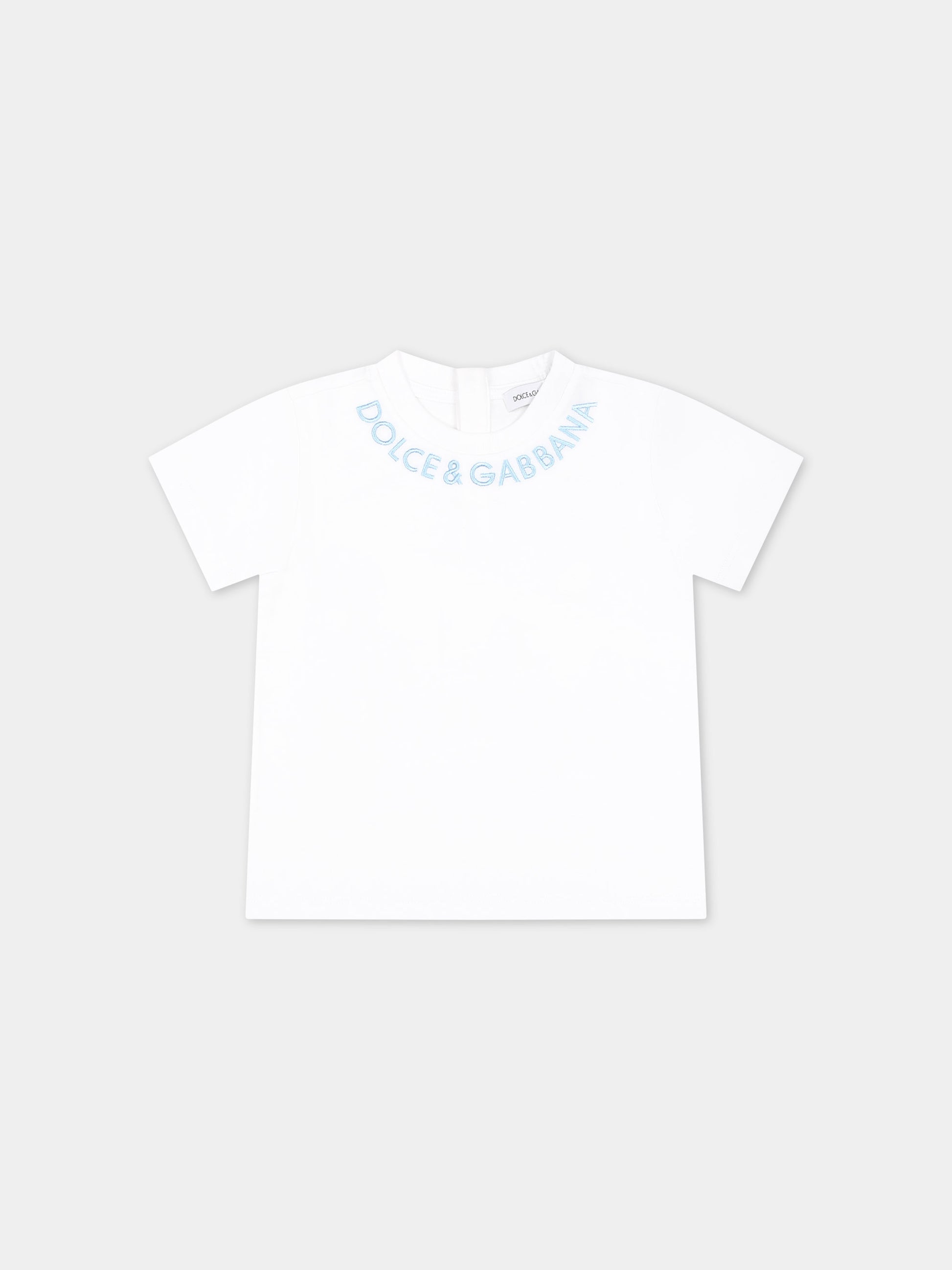T-shirt bianca per neonati con logo celeste ricamato,Dolce & Gabbana Kids,L1JTHO G7L5J S9000