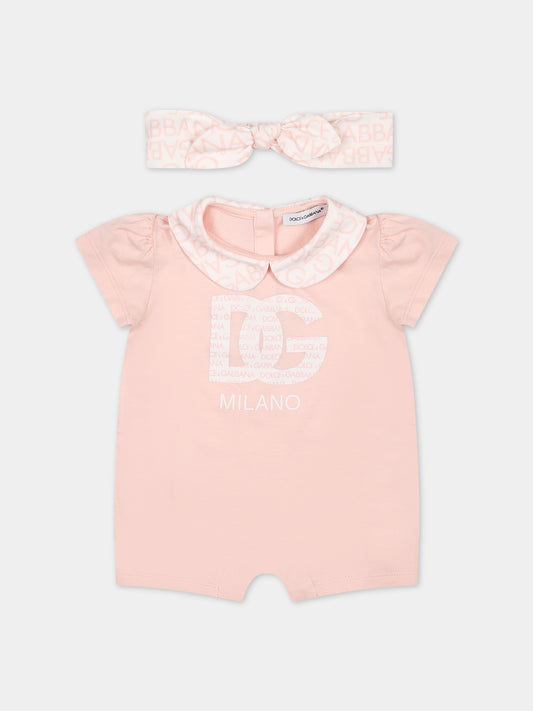 Pagliaccetto rosa per nonata con logo,Dolce & Gabbana Kids,L2JOY1 G7L5T F3721
