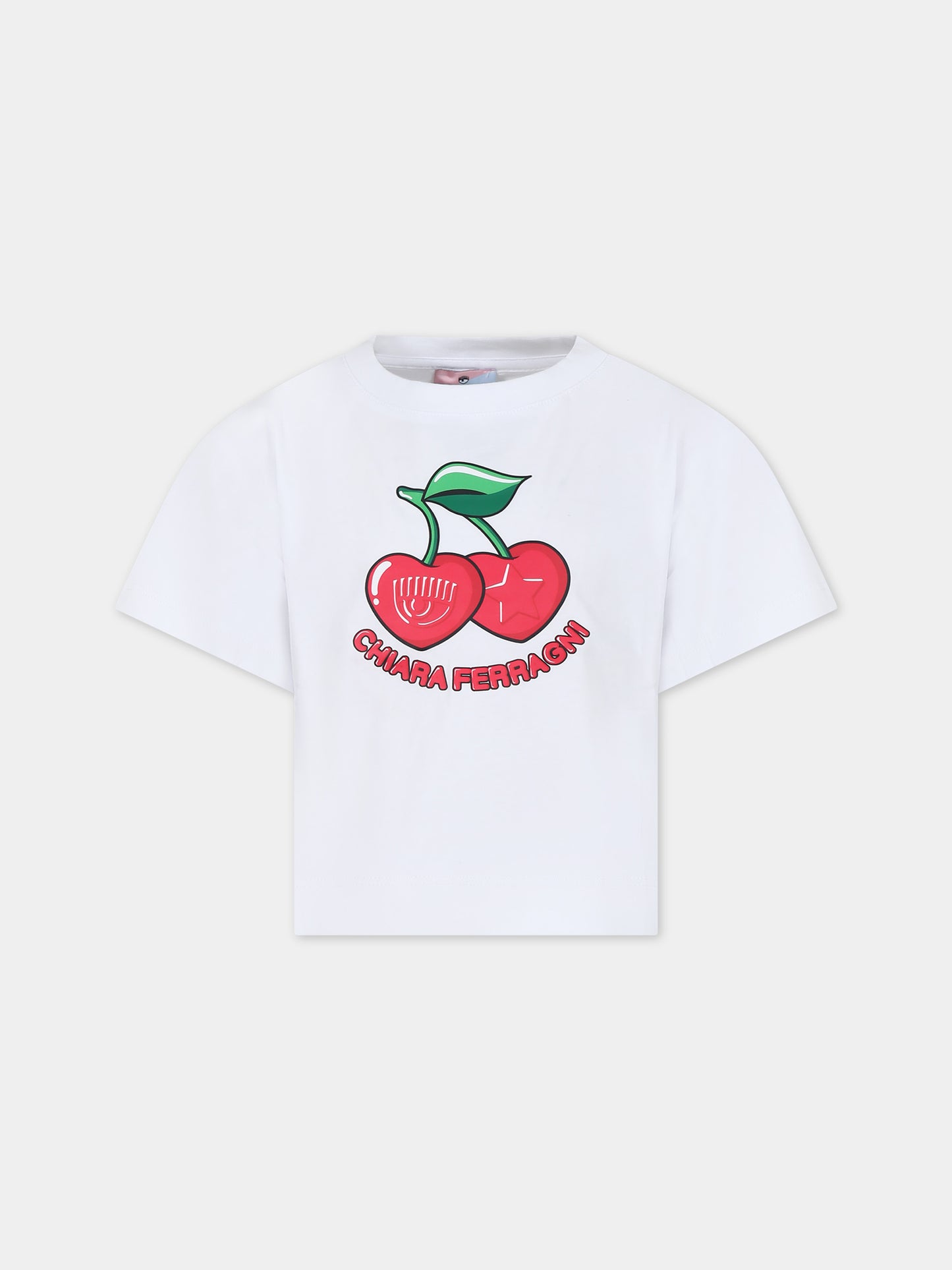 T-shirt bianca per bambina con ciliegie e logo,Chiara Ferragni Collection,59C604 3003 0099