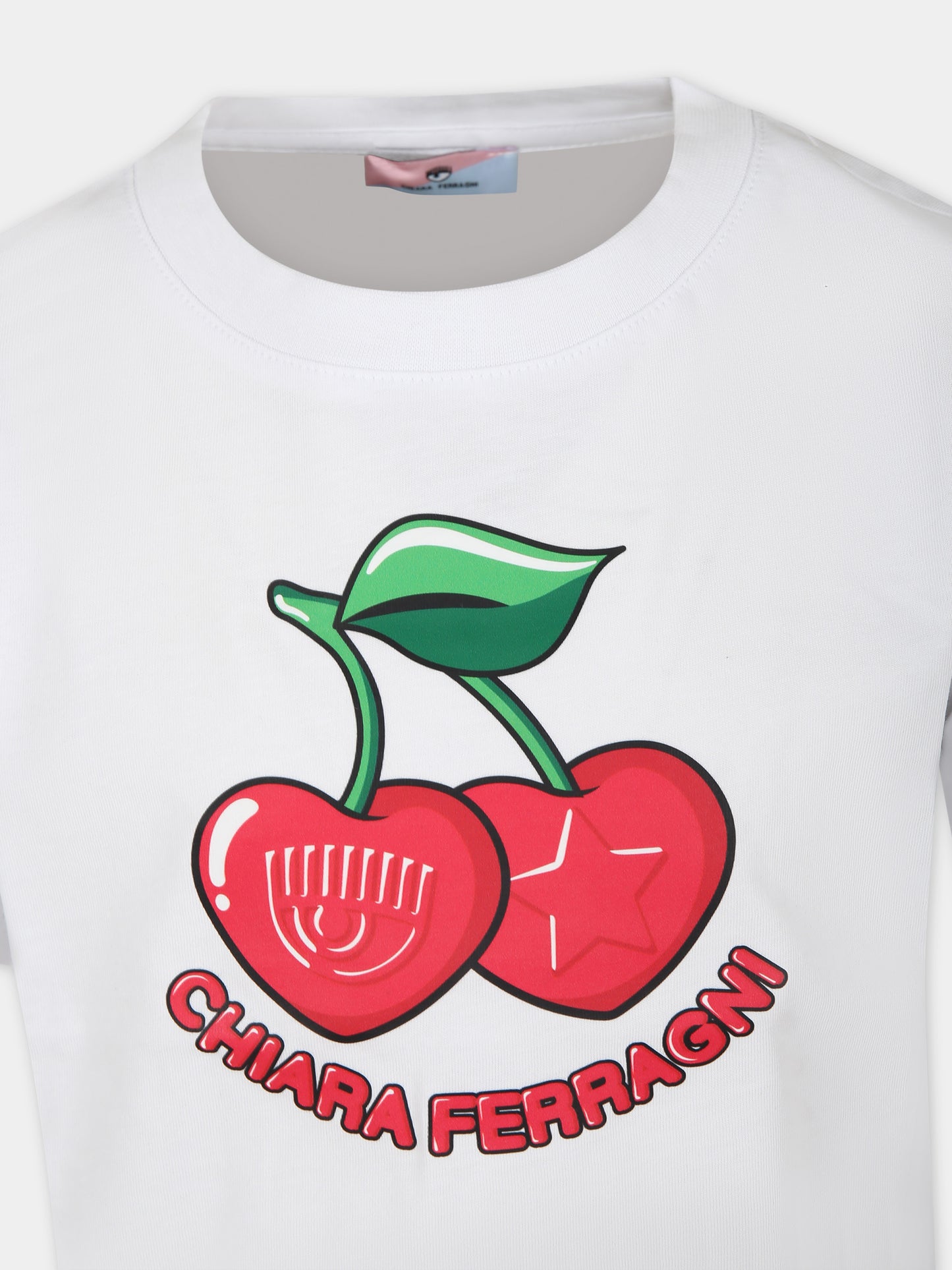 T-shirt bianca per bambina con ciliegie e logo,Chiara Ferragni Collection,59C604 3003 0099