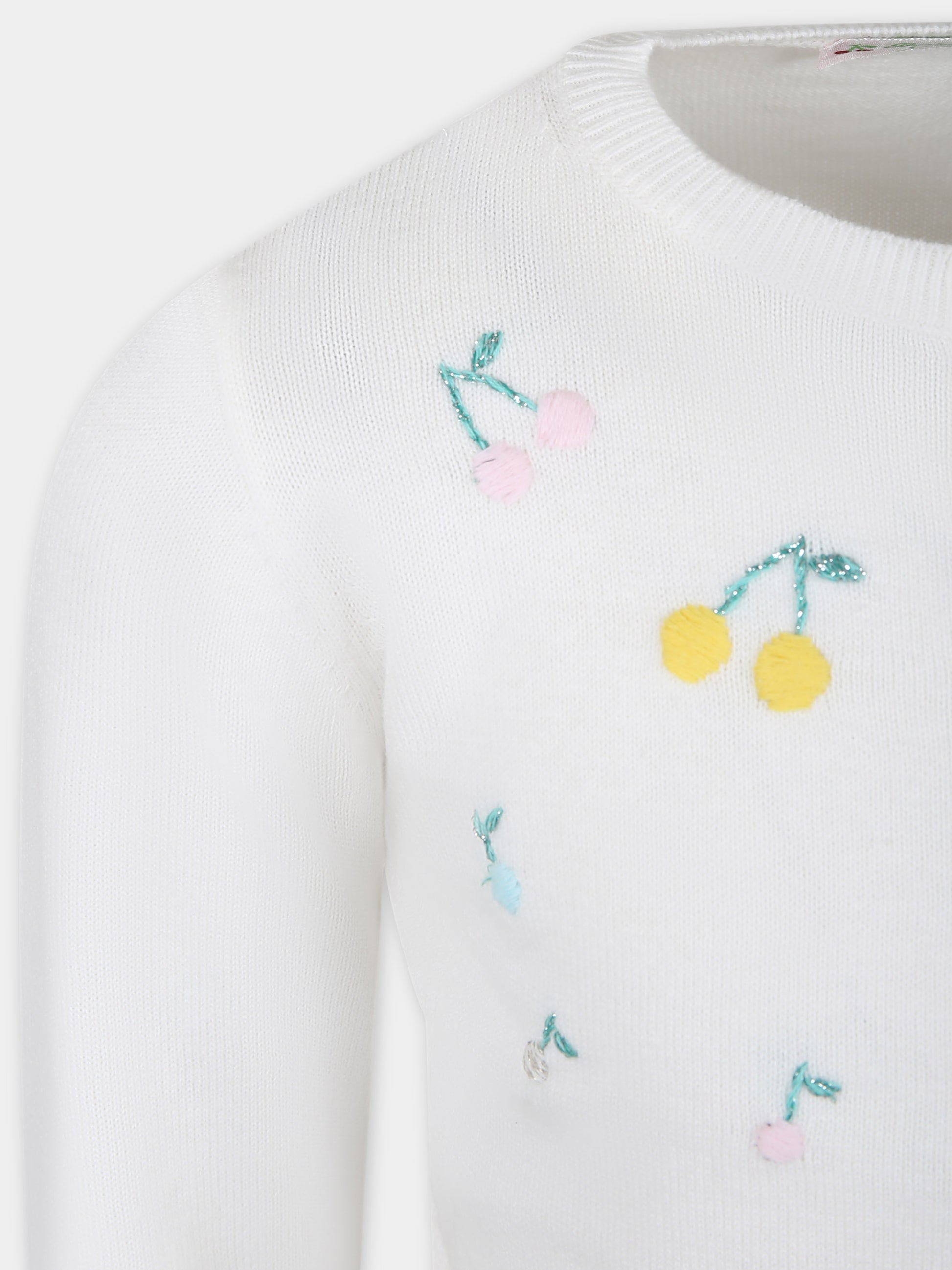 Cardigan bianco per bambina con ciliegie multicolor ricamate all-over,Bonpoint,S04GCAK00006 102
