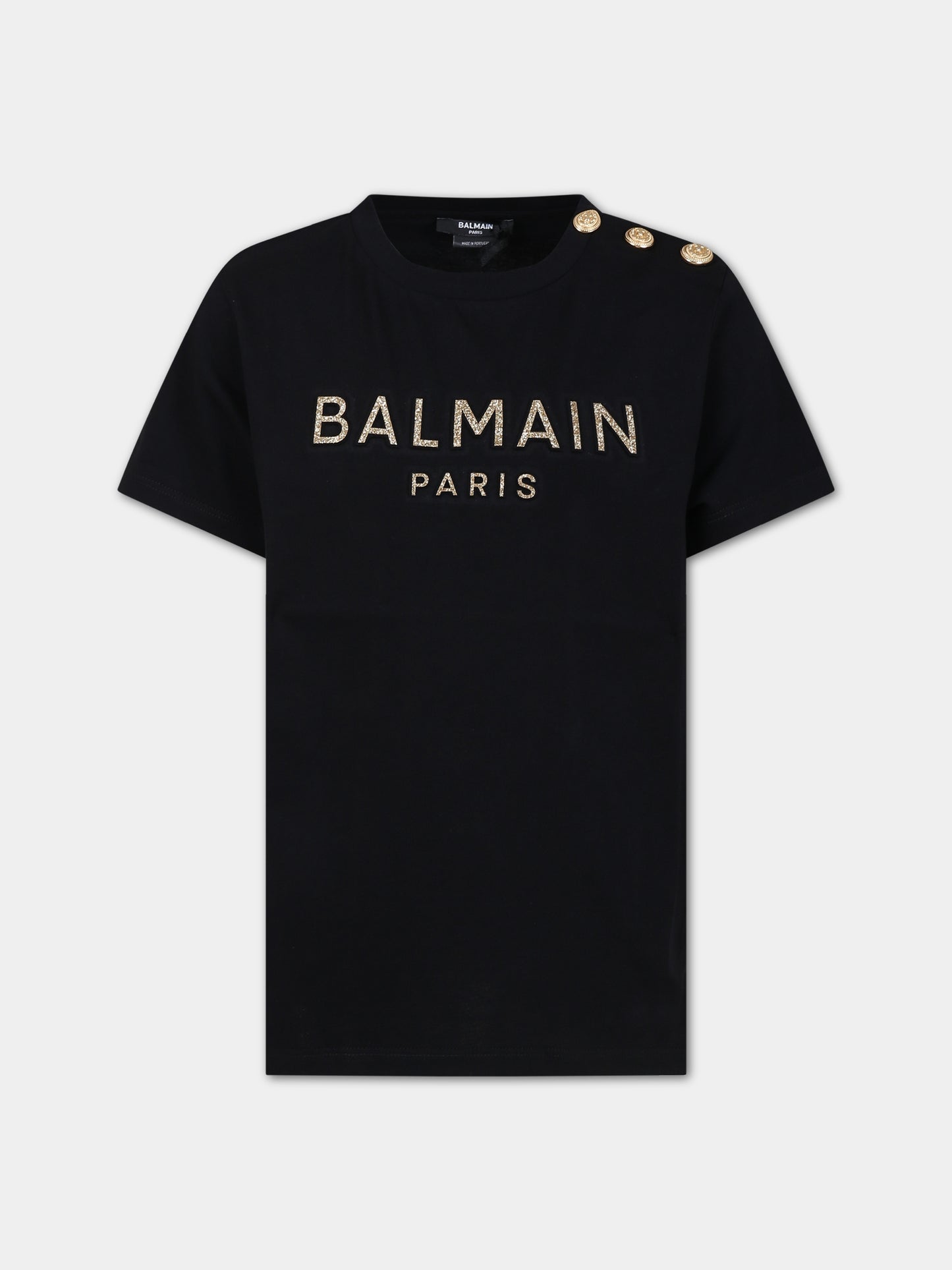 T-shirt nera per bambina con logo dorato,Balmain Kids,BS8A01 Z0057 930OR