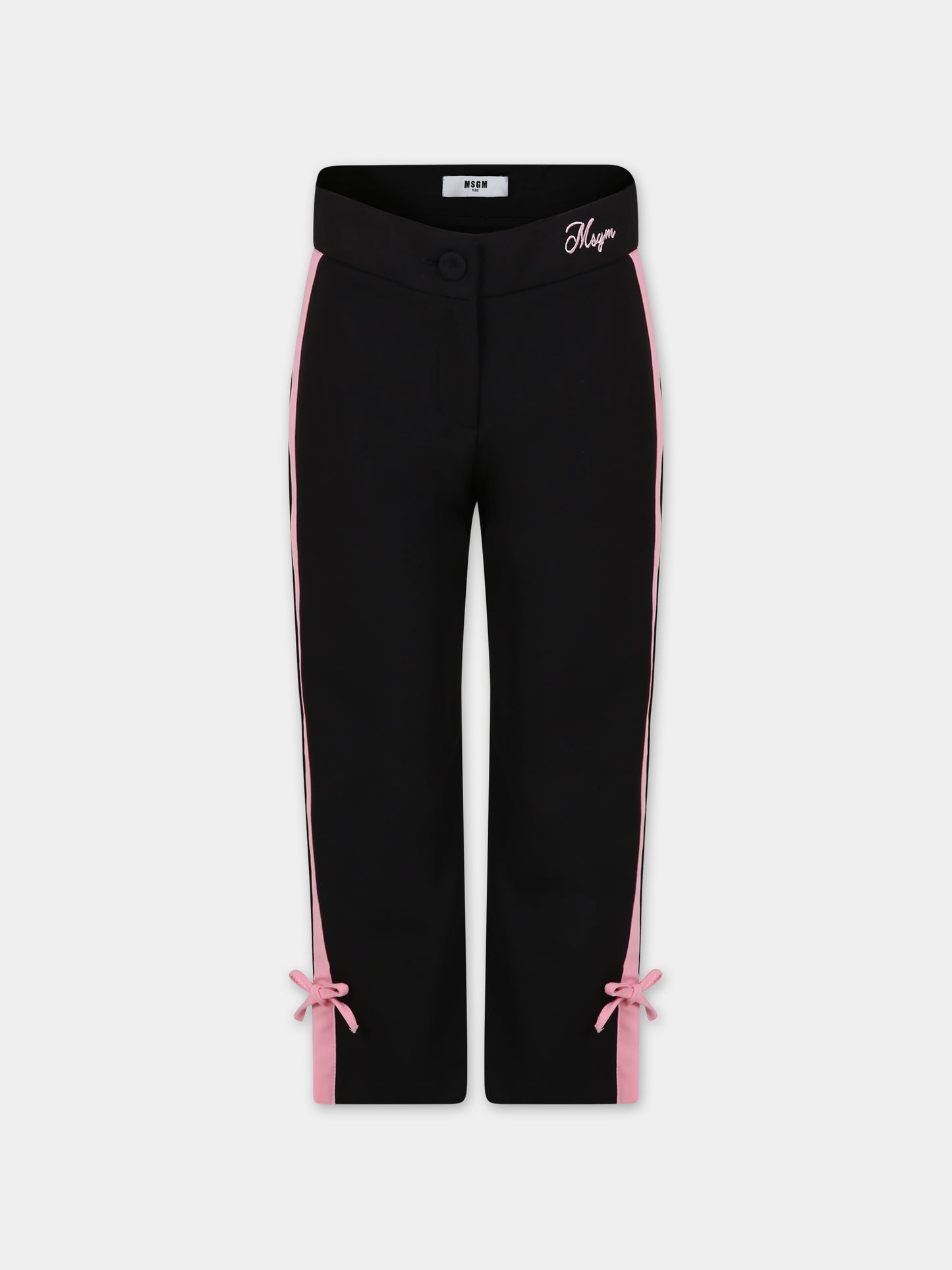 Pantaloni neri per bambina con logo e fiocchi,Msgm Kids,S4MSJGPA096 110
