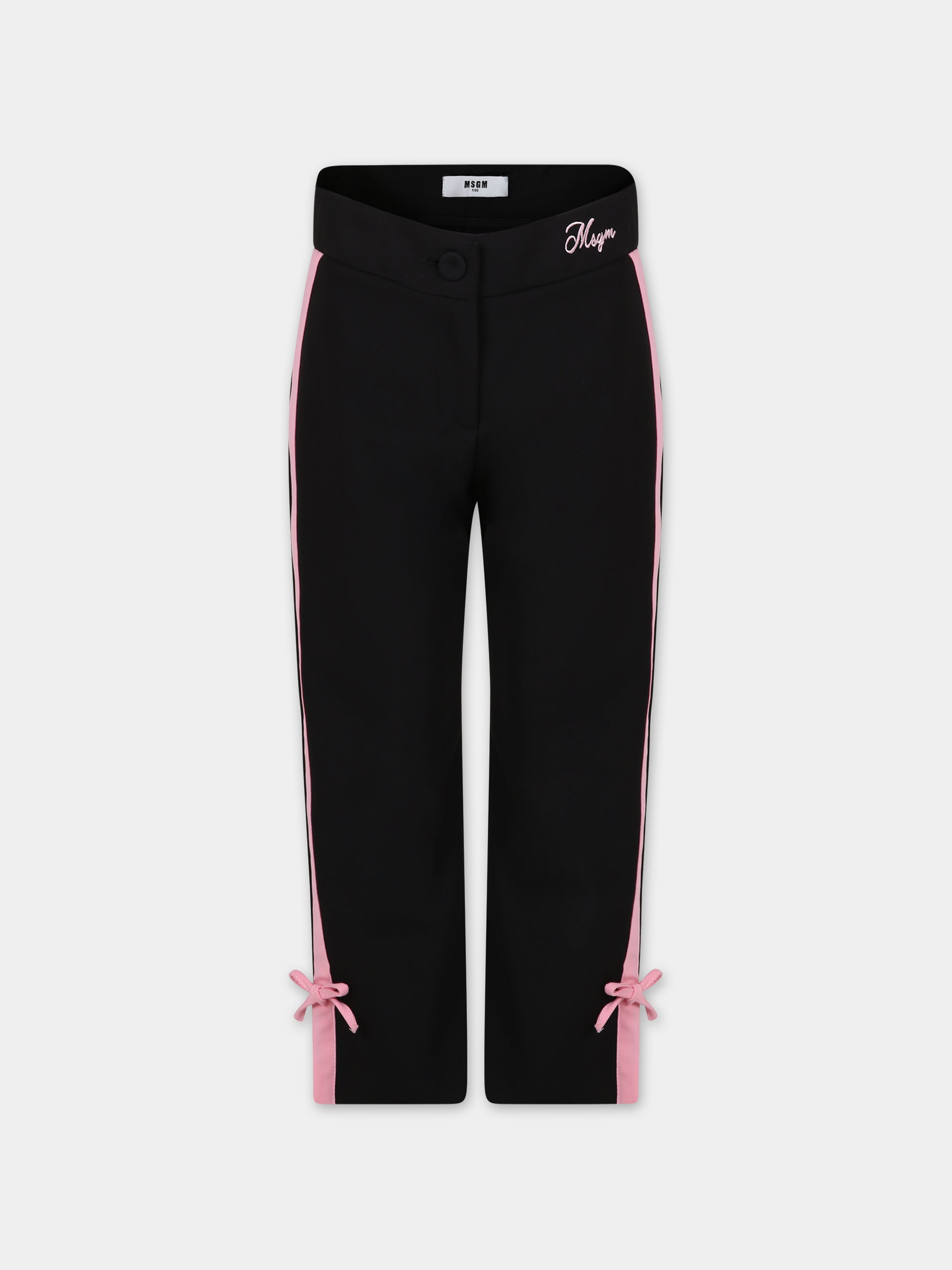Pantaloni neri per bambina con logo e fiocchi,Msgm Kids,S4MSJGPA096 110