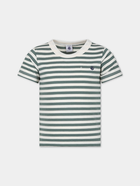 T-shirt verde per bambini con righe,Petit Bateau,A0A1D 02 CROCO/AVALANCHE