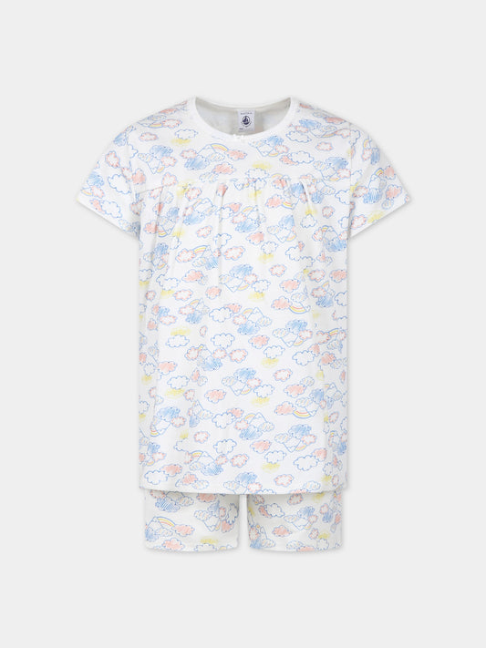 Pigiama bianco per bambina con stampa nuvole,Petit Bateau,A09R8 01 MARSHMALLOW/MULTICO