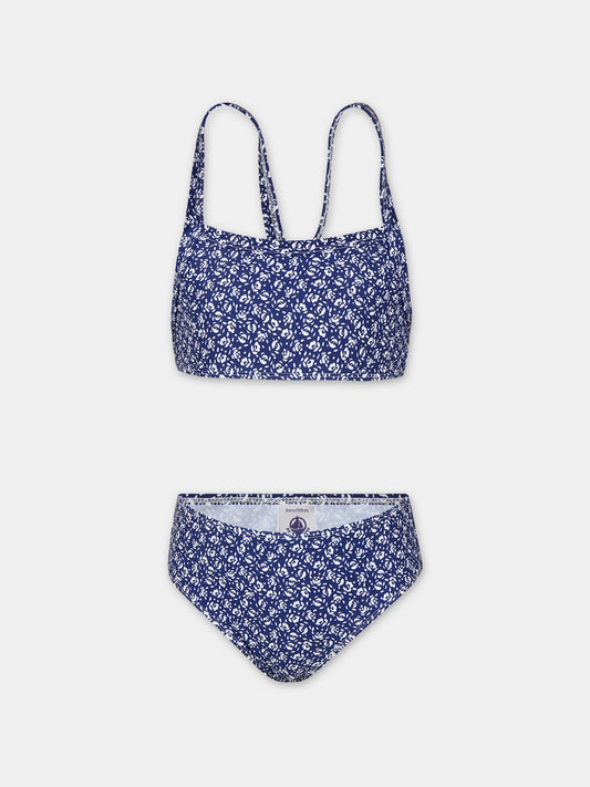 Bikini blu per bambina con stampa fiori,Petit Bateau,A0AGJ 01 INCOGNITO/MARSHMALLOW