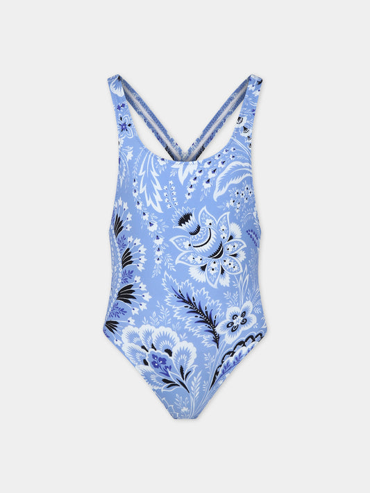 Costume intero celeste per bambina con motivo paisley,Etro,GUCA09 J0399 654AV