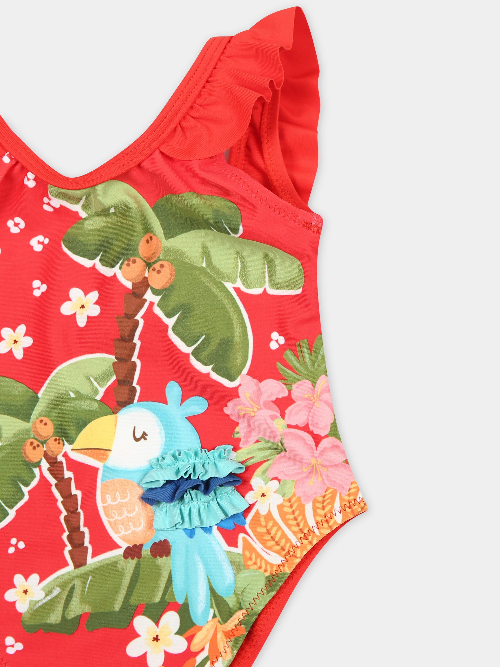 Costume intero rosso per neonata con pappagallo e fiori,Mayoral,1741 064
