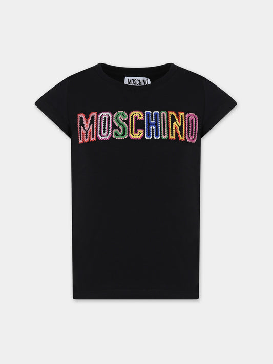 T-shirt nera per bambina con logo,Moschino Kids,H1M042 LBA00 60100