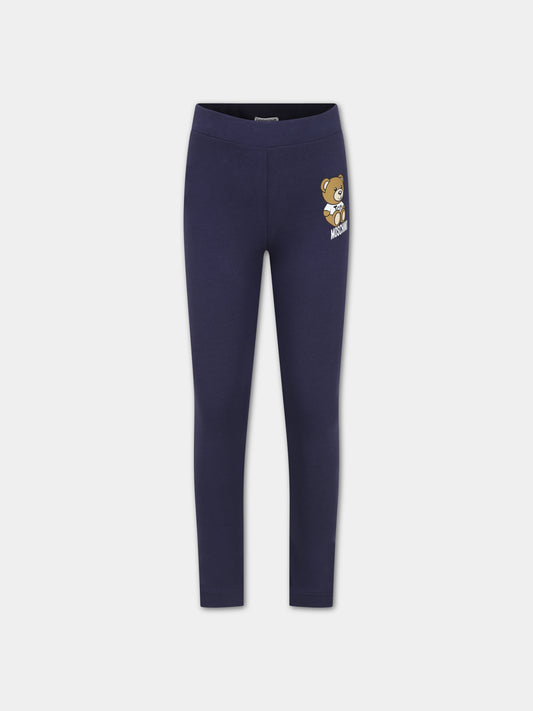 Leggings blu per bambina con Teddy Bear e logo,Moschino Kids,H3P047 LBA10 40016