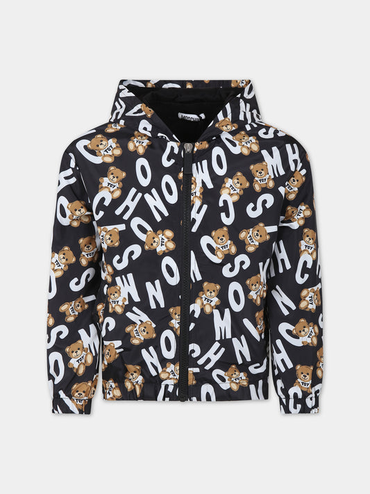 Giacca a vento nera per bambini con Teddy Bear e logo,Moschino Kids,HMS035 L3B79 84291