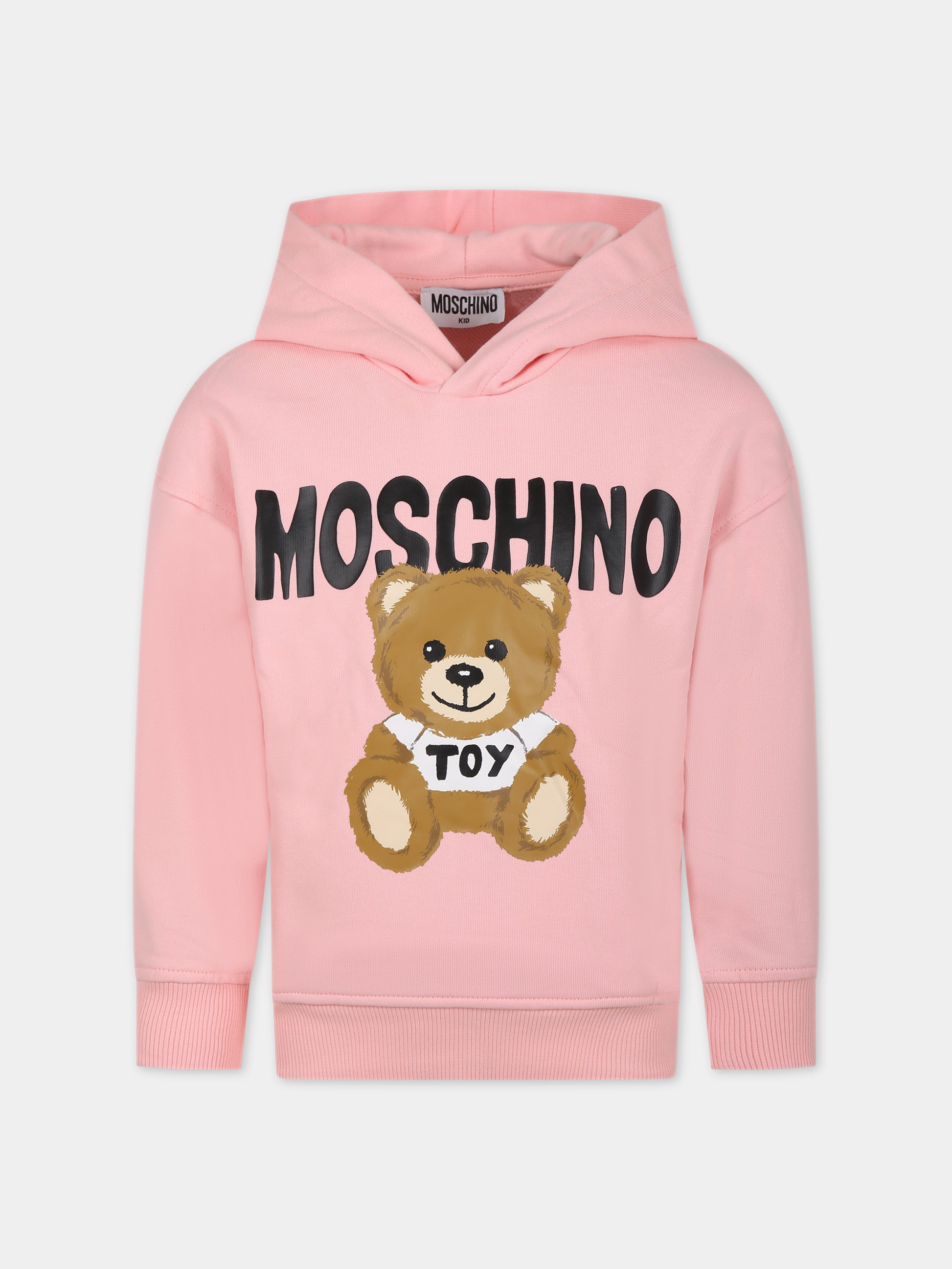 Felpa rosa per bambina con Teddy Bear e logo,Moschino Kids,HQF03X LCA32 50209