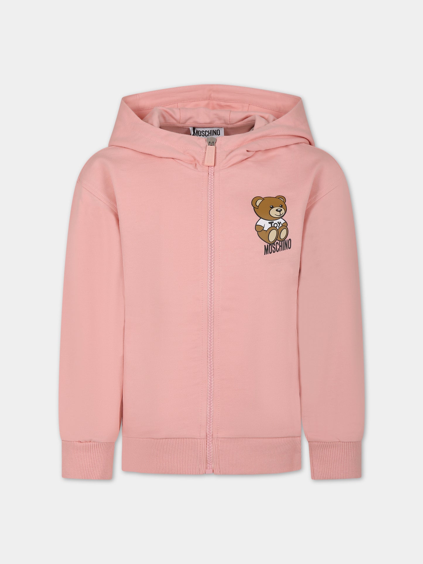 Felpa rosa per bambina con Teddy Bear e logo,Moschino Kids,HUF07F LCA19 50209