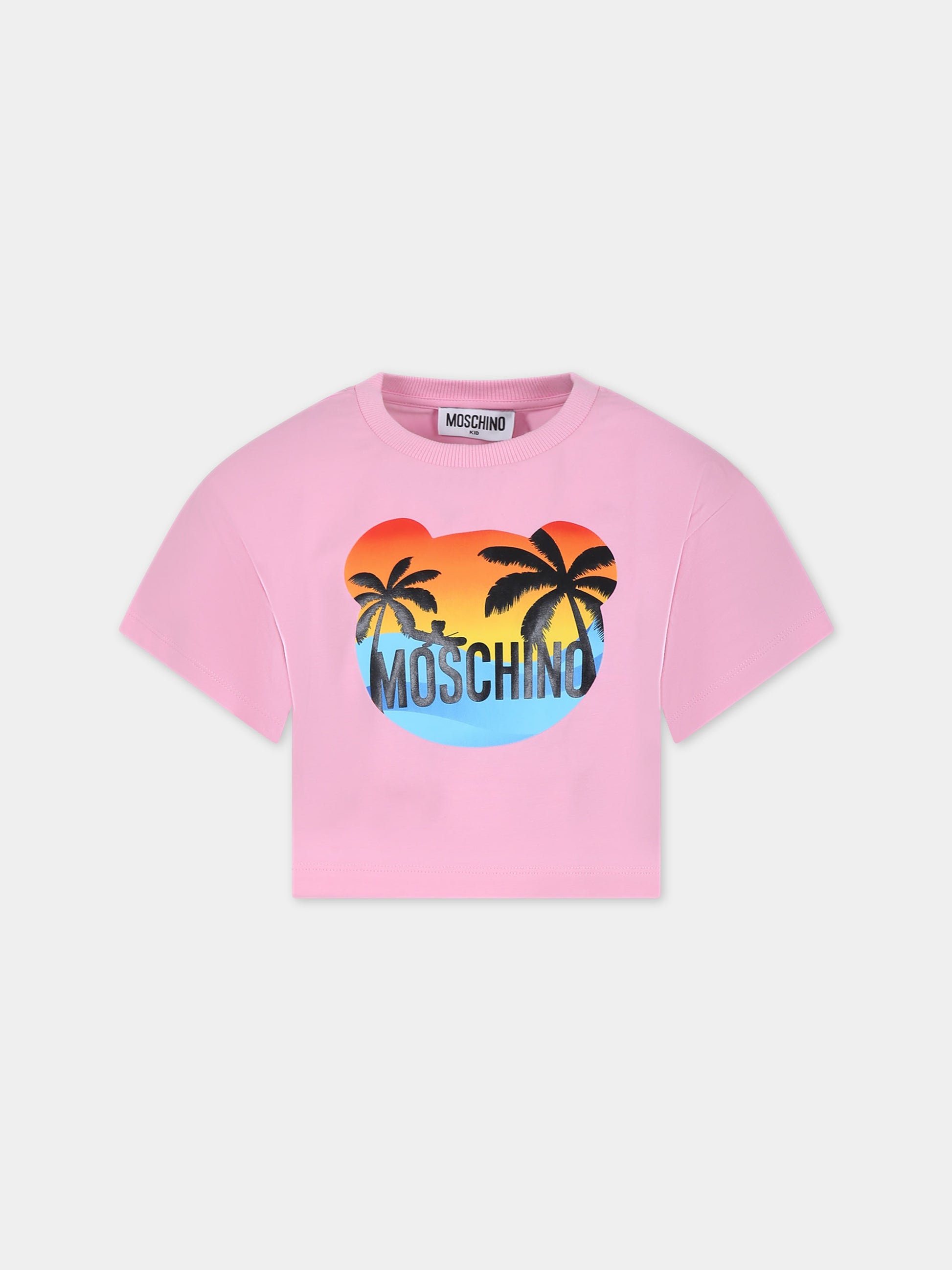 T-shirt rosa per bambina con stampa multicolor e logo,Moschino Kids,HDM06E LBA10 50206