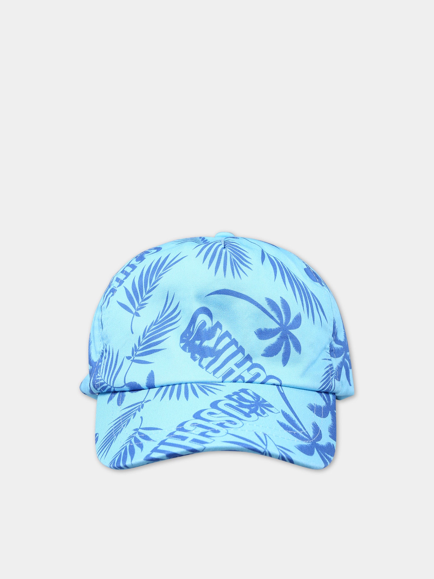 Cappello con visiera azzurro per bambino con fantasia tropicale e logo,Moschino Kids,HUX02D LOB18 85838