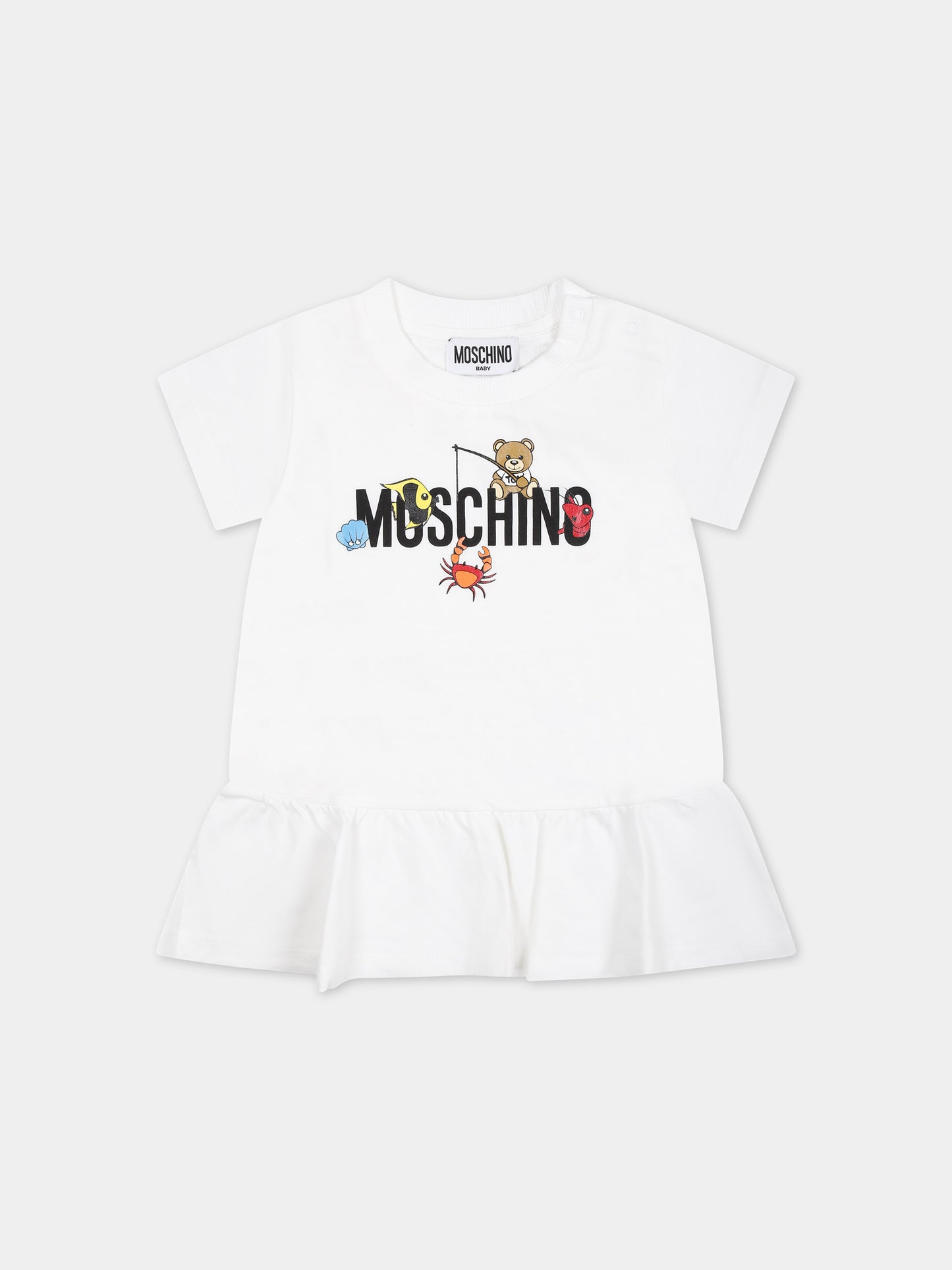 Vestito bianco per neonata con logo e animaletti,Moschino Kids,MDV0BF LAA02 10101