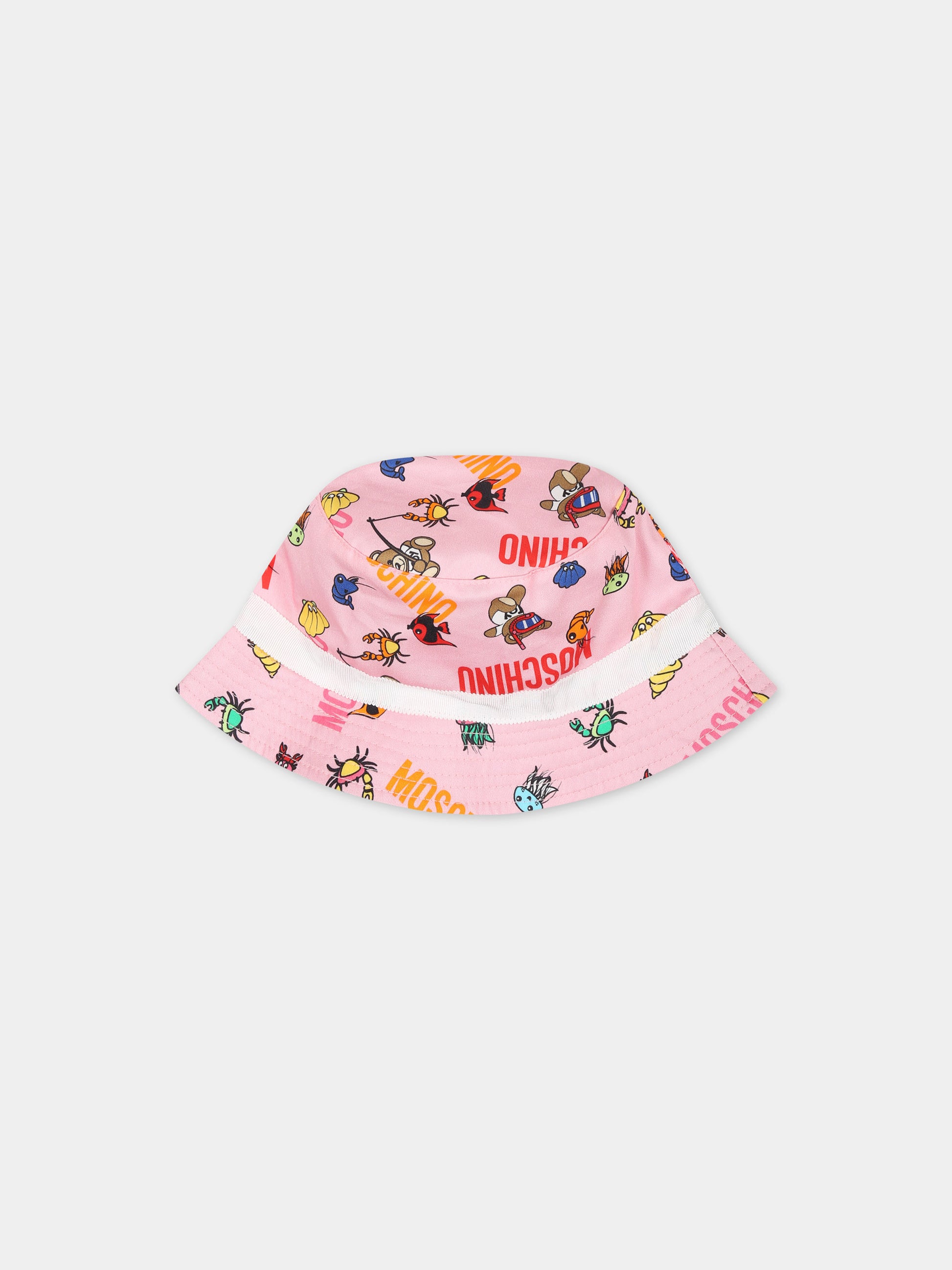 Cloche rosa per neonata con fantasia animaletti e logo multicolor all-over,Moschino Kids,MUX04Q LOB17 85841