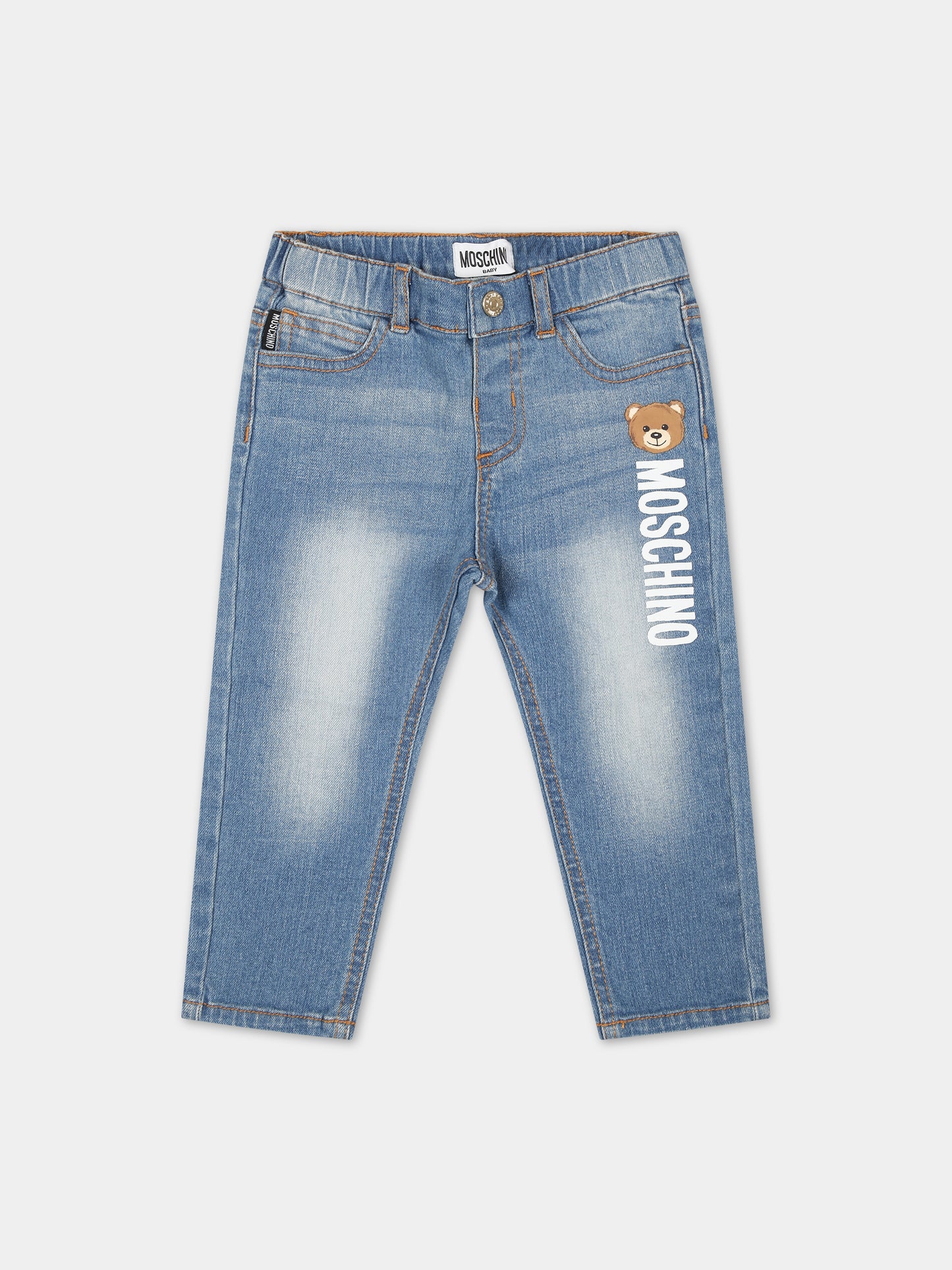Jeans blu per neonata con Teddy Bear e logo,Moschino Kids,MPP038 LXE16 40140