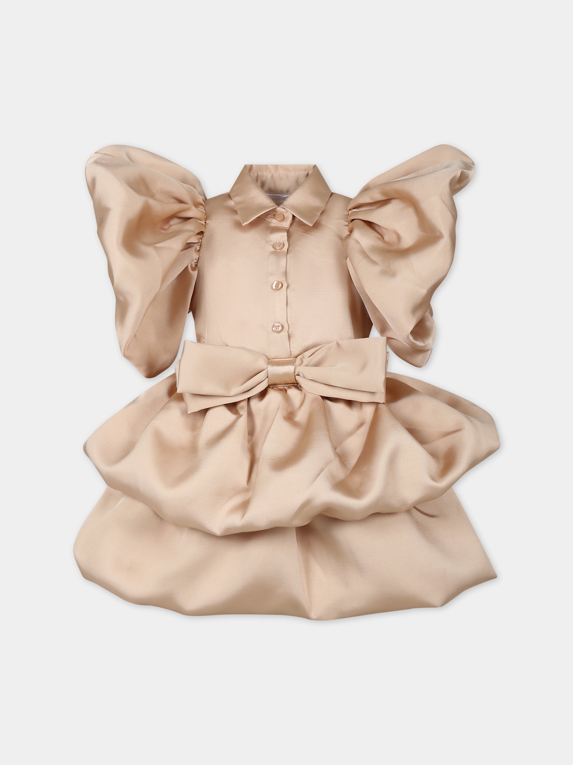 Vestito beige per bambina con ruches e fiocco,Caroline Bosmans,SS24 4006B 60 4011