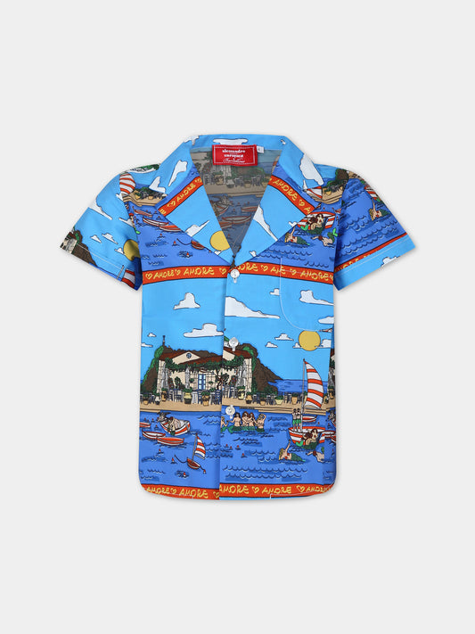 Camicia azzurra per bambini con stampa pop,Alessandro Enriquez X Barcellino,112301