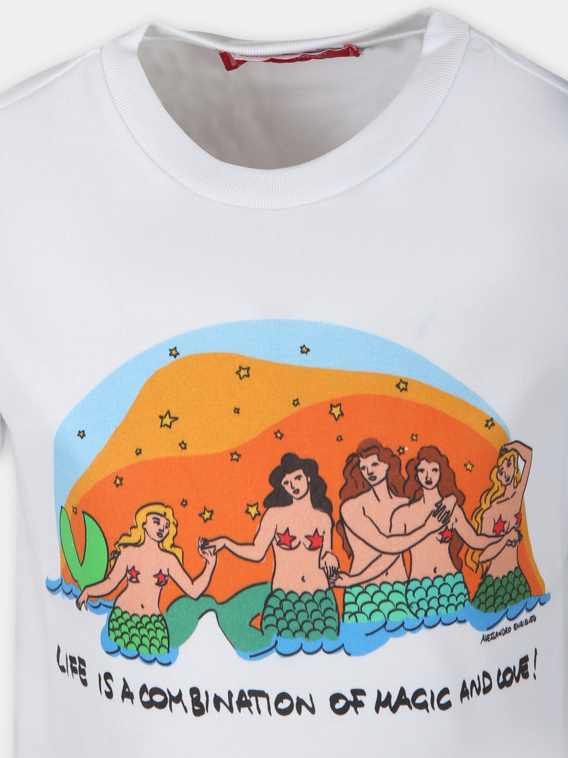 T-shirt bianca per bambina con stampa sirene e stelle,Alessandro Enriquez X Barcellino,112709