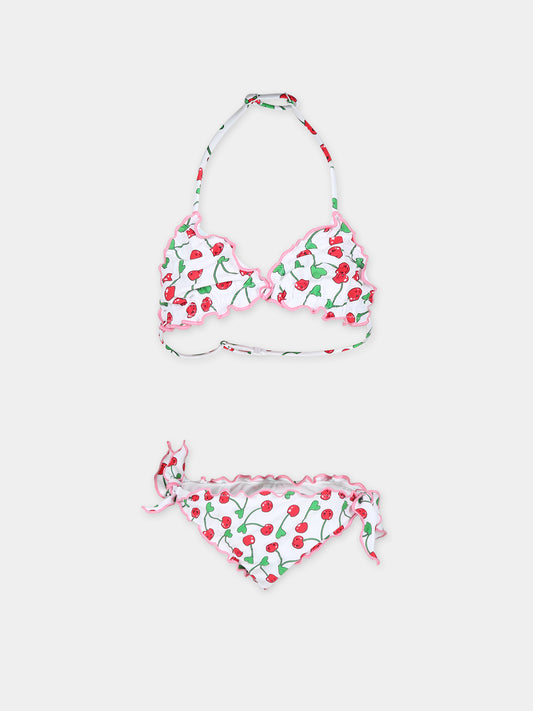 Bikini bianco per bambina con ciliegie e logo,Mc2 Saint Barth,CRIS001 00606F