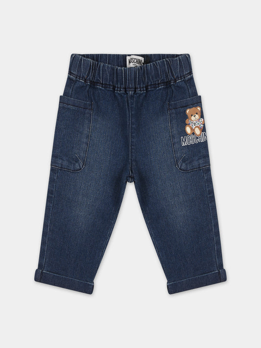 Jeans blu per neonato con Teddy Bear,Moschino Kids,MUP04D LXE16 40097