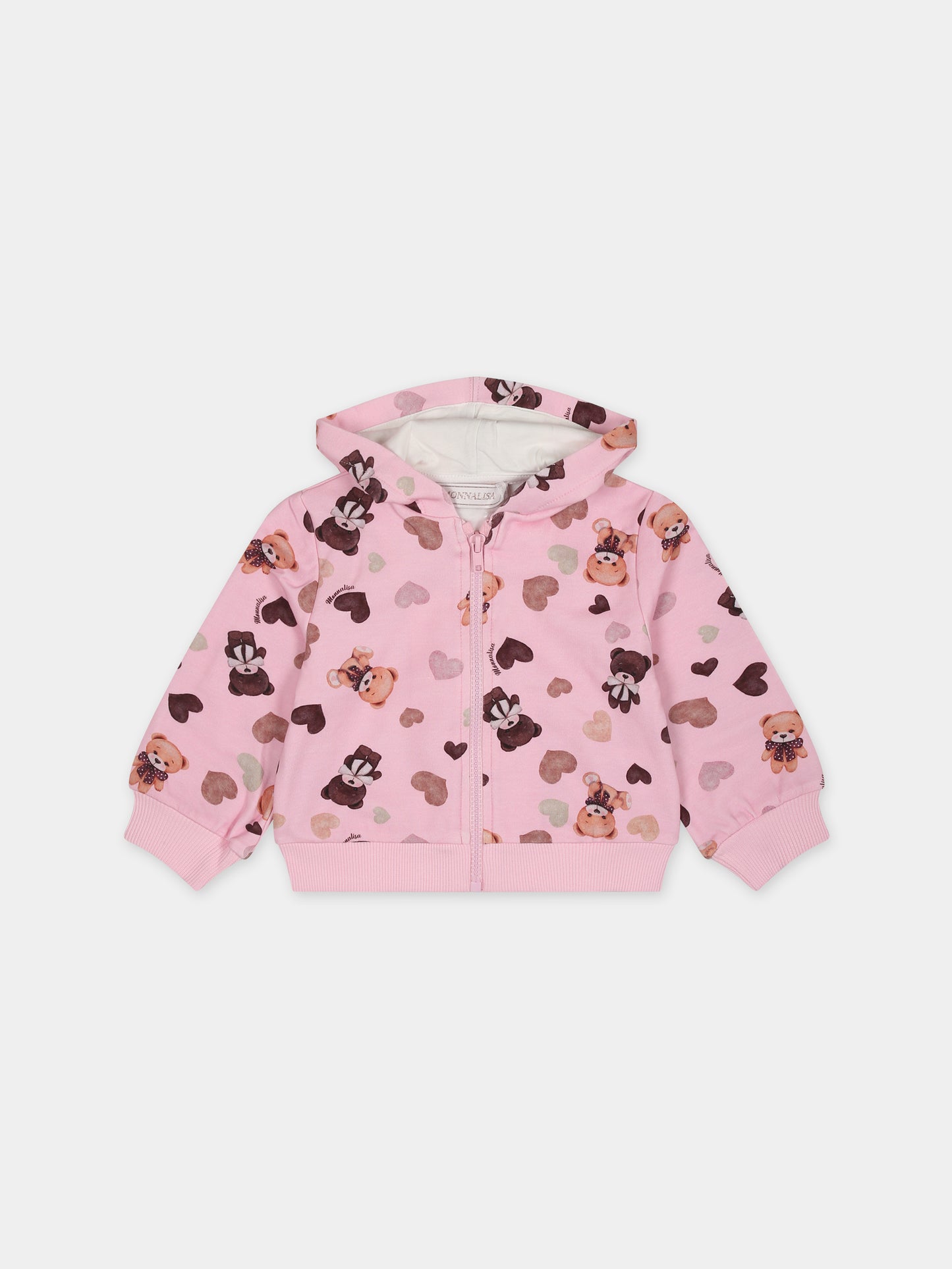Felpa rosa per neonata con stampa orso e cuori,Monnalisa,39B802 2071 092S