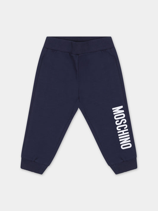 Pantaloni blu per neonata con logo,Moschino Kids,MNP04O LDA26 40016