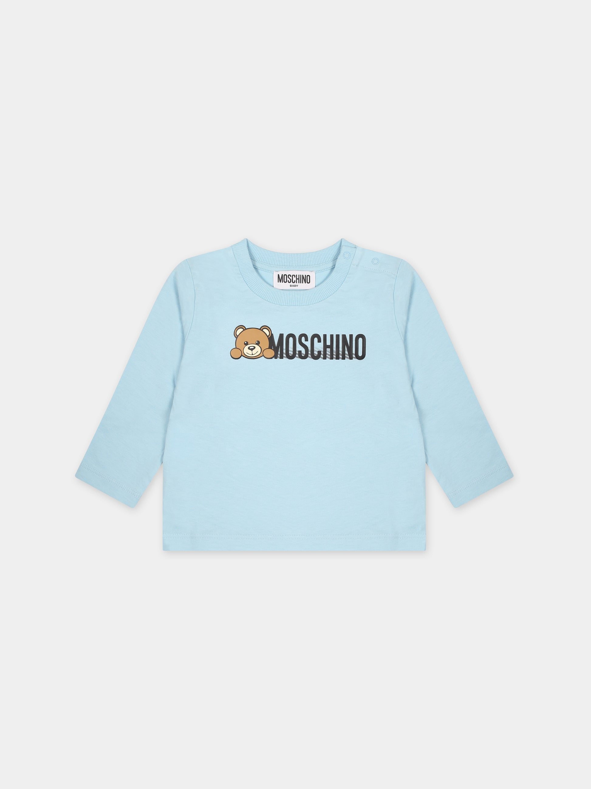 T-shirt celste per neonato con Teddy Bear e logo,Moschino Kids,MTO00D LAA01 40304