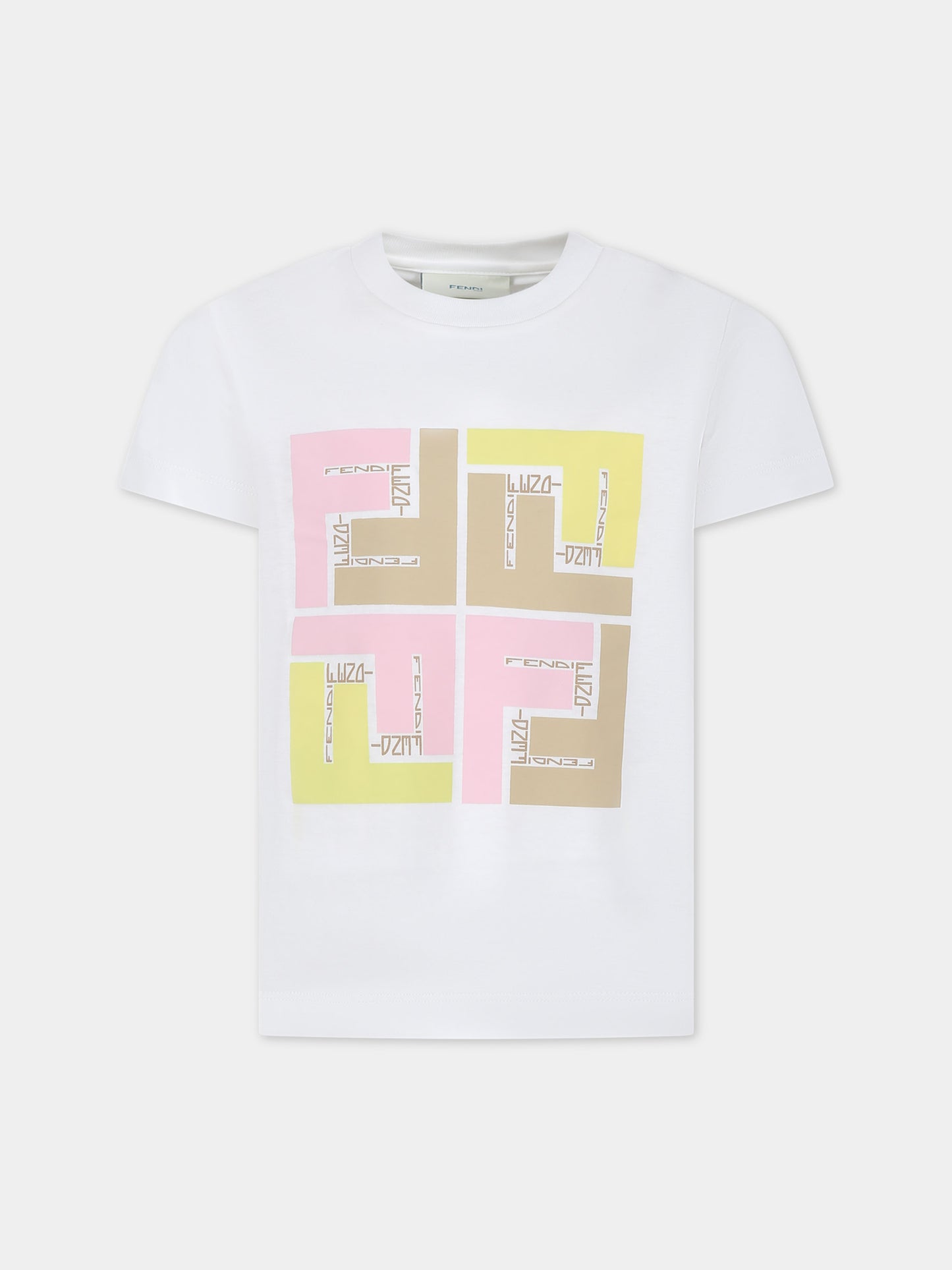 T-shirt bianca per bambina con iconiche FF,Fendi Kids,JUI158 7AJ F14OS