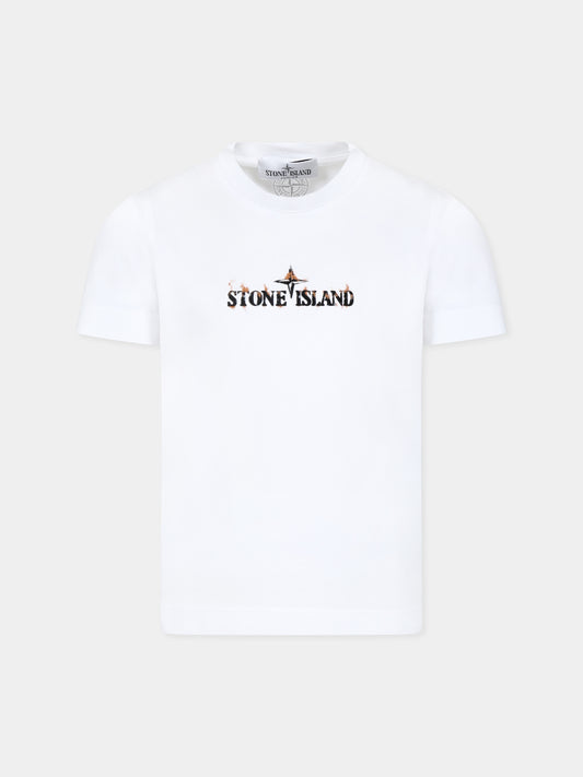 T-shirt bianca per bambino con logo,Stone Island Junior,811621056 V0001