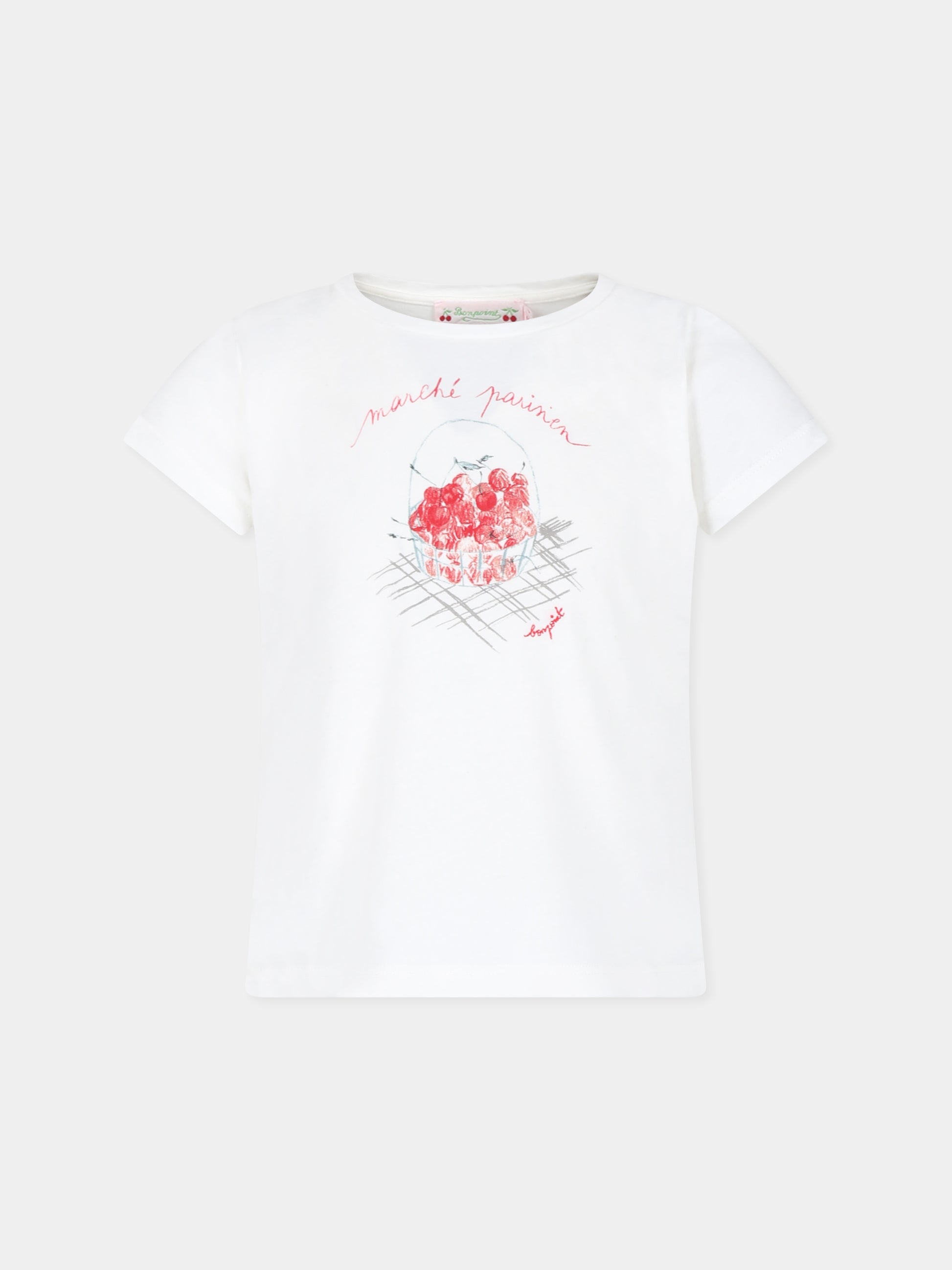 T-shirt bianca per bambina con ciliegie,Bonpoint,P04GTSK00001 102