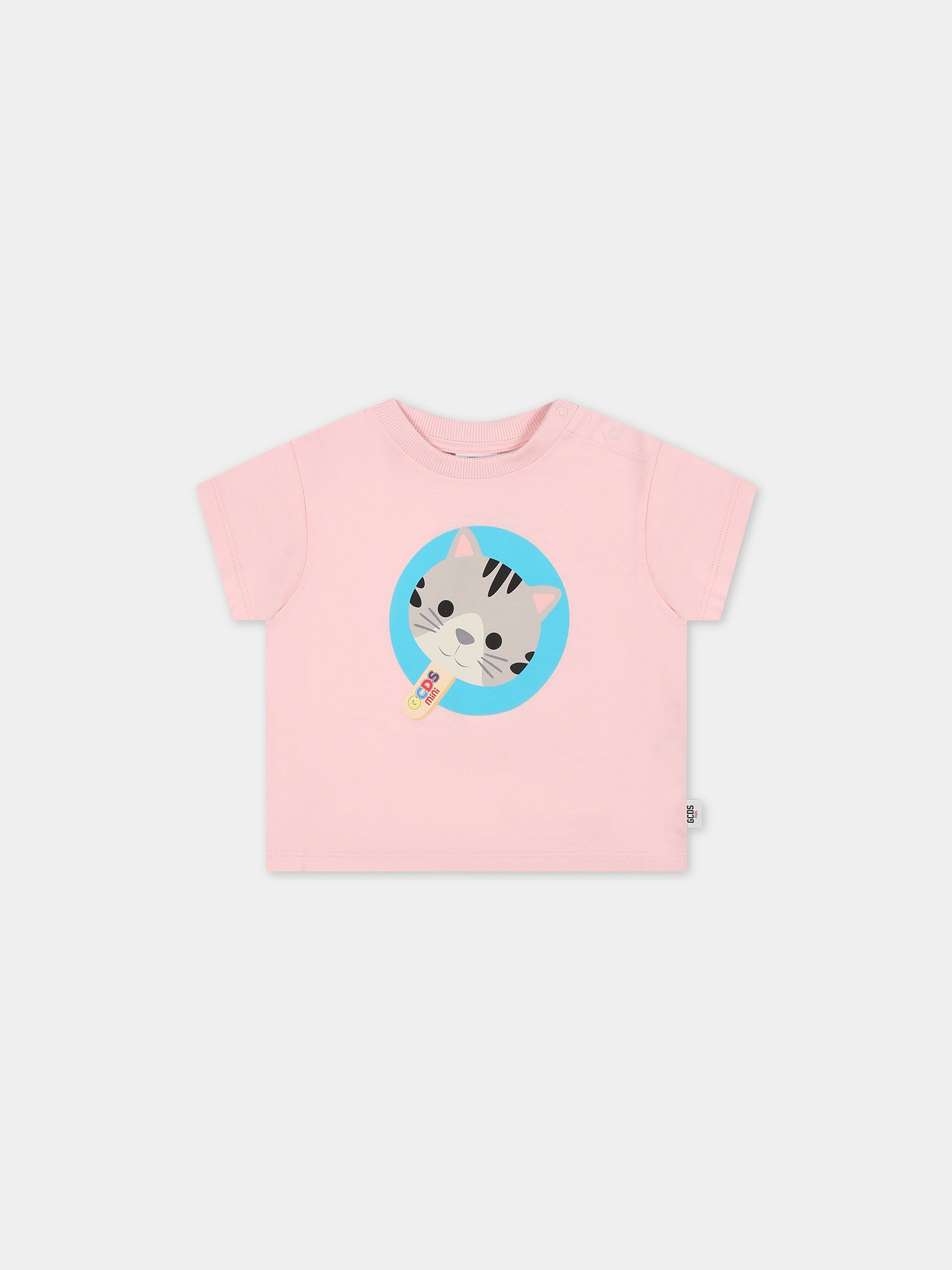 T-shirt rosa per neonata con gattino,Gcds Kids,GUM008 LAA03 52483