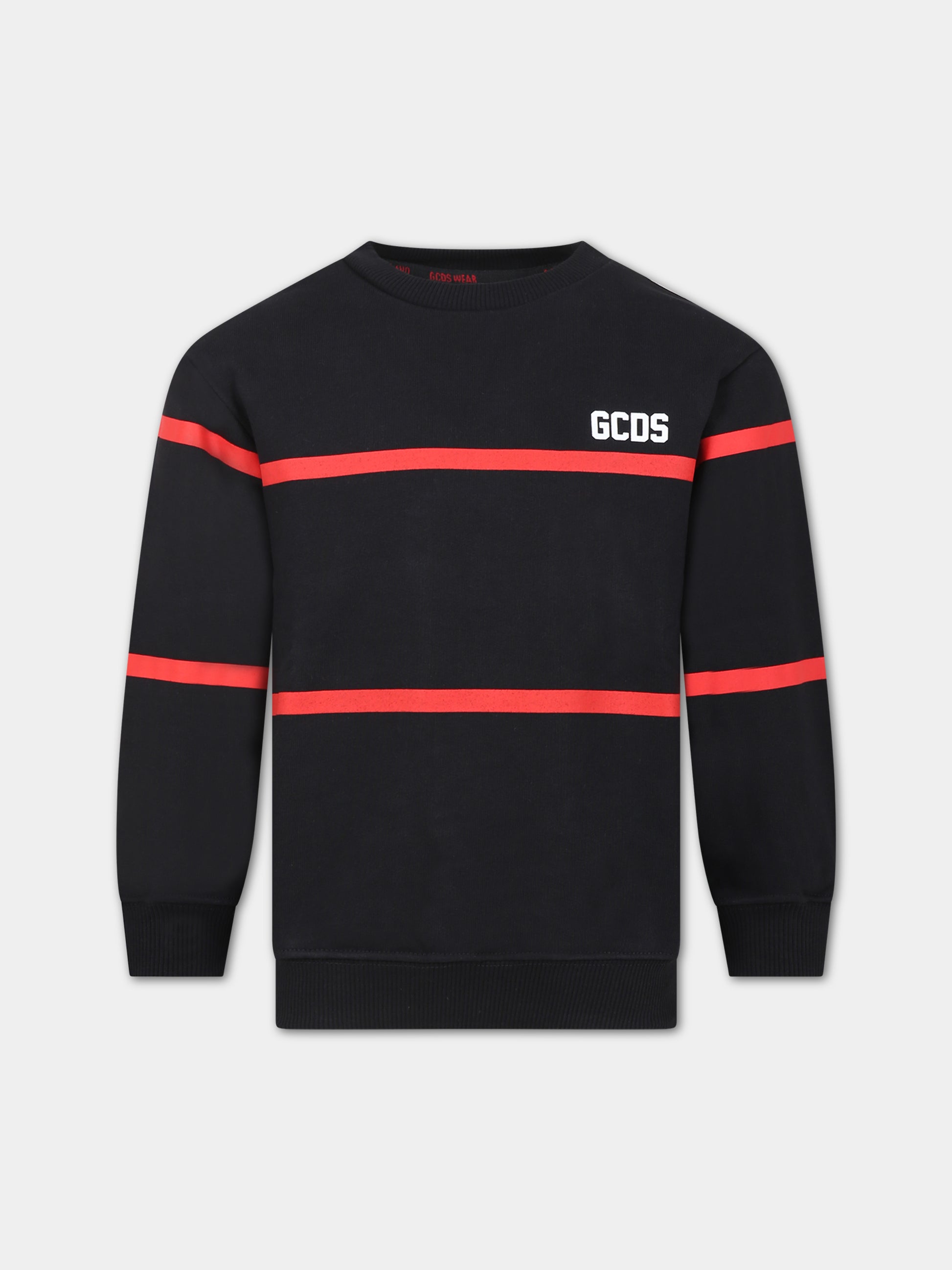 Felpa nera per bambini con righe rosse,Gcds Kids,DOF000 LCA52 60100