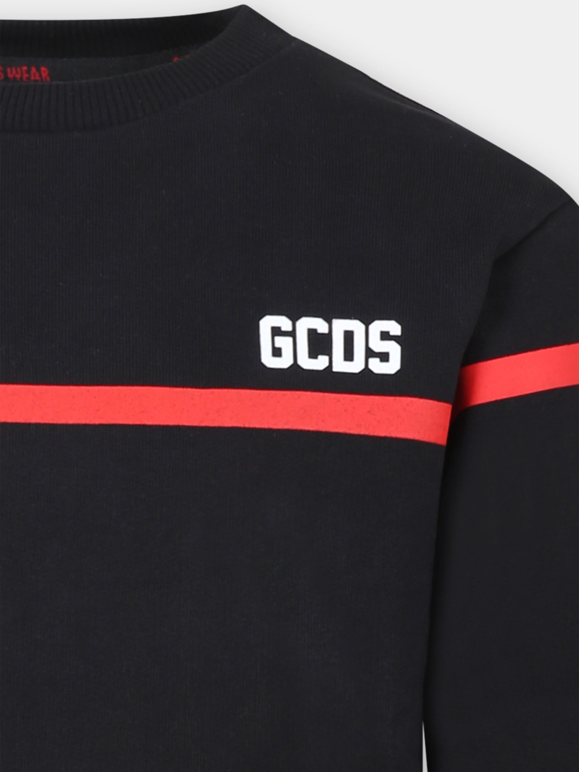 Felpa nera per bambini con righe rosse,Gcds Kids,DOF000 LCA52 60100