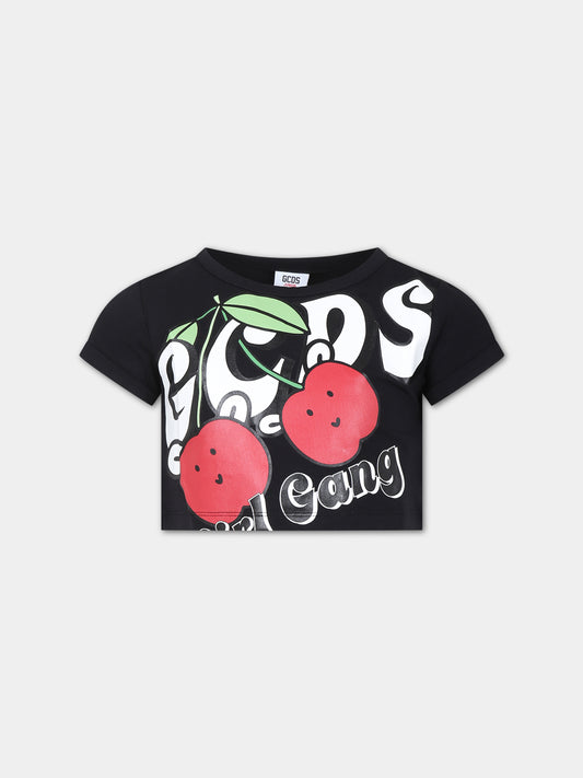 T-shirt nera per bambina con logo in fantasia,Gcds Kids,DAM002 LBA00 60100